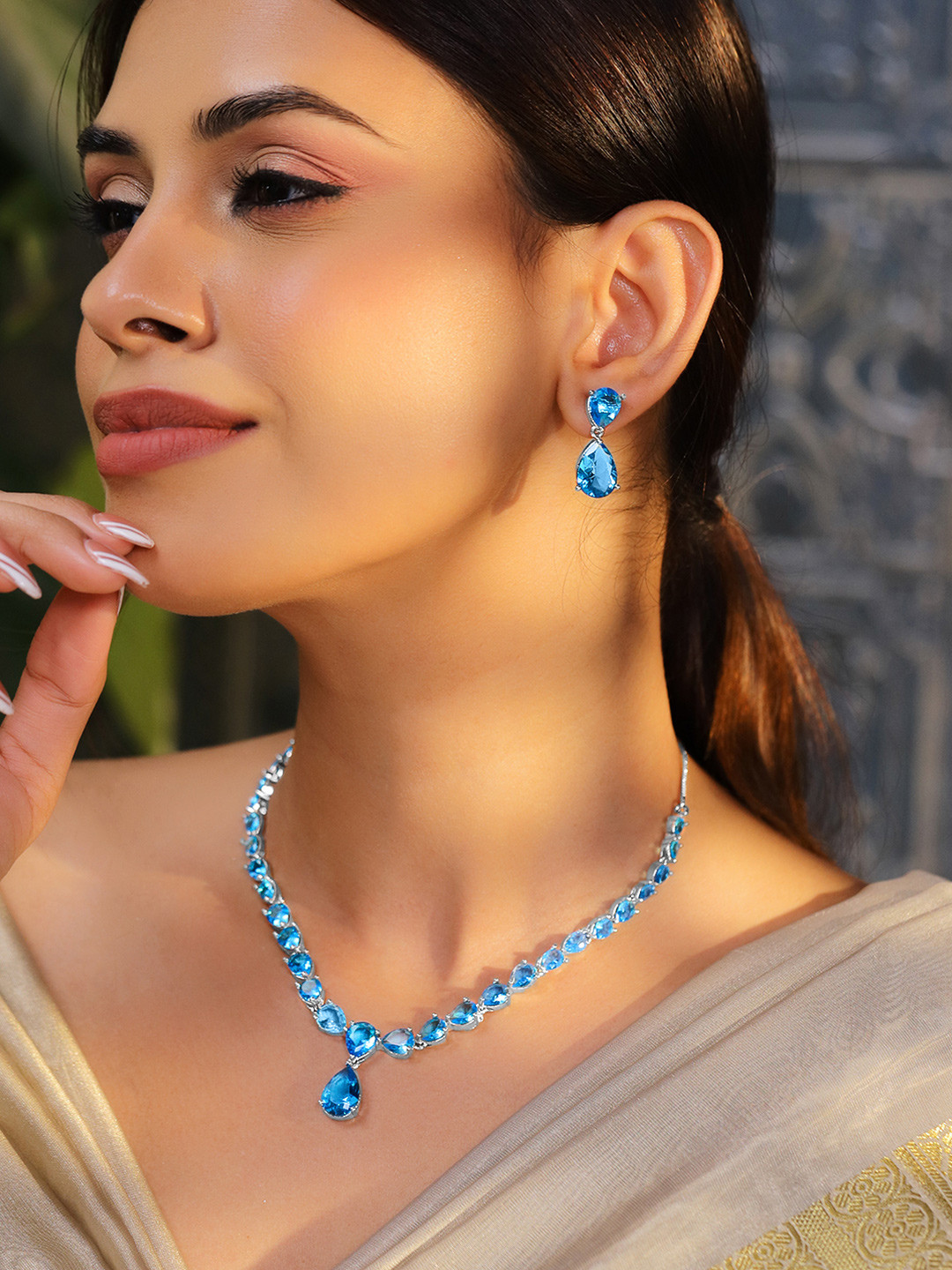 

Rubans Rhodium-Plated Blue Topaz Cubic Zirconia Studded Necklace Set, Silver