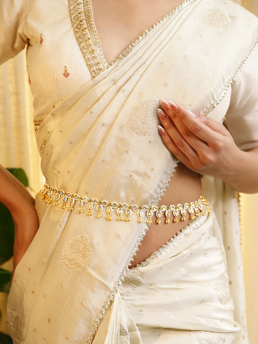

Rubans 18K Gold-Plated Kundan & Pearl Beaded Waist Chain Saree Accessories