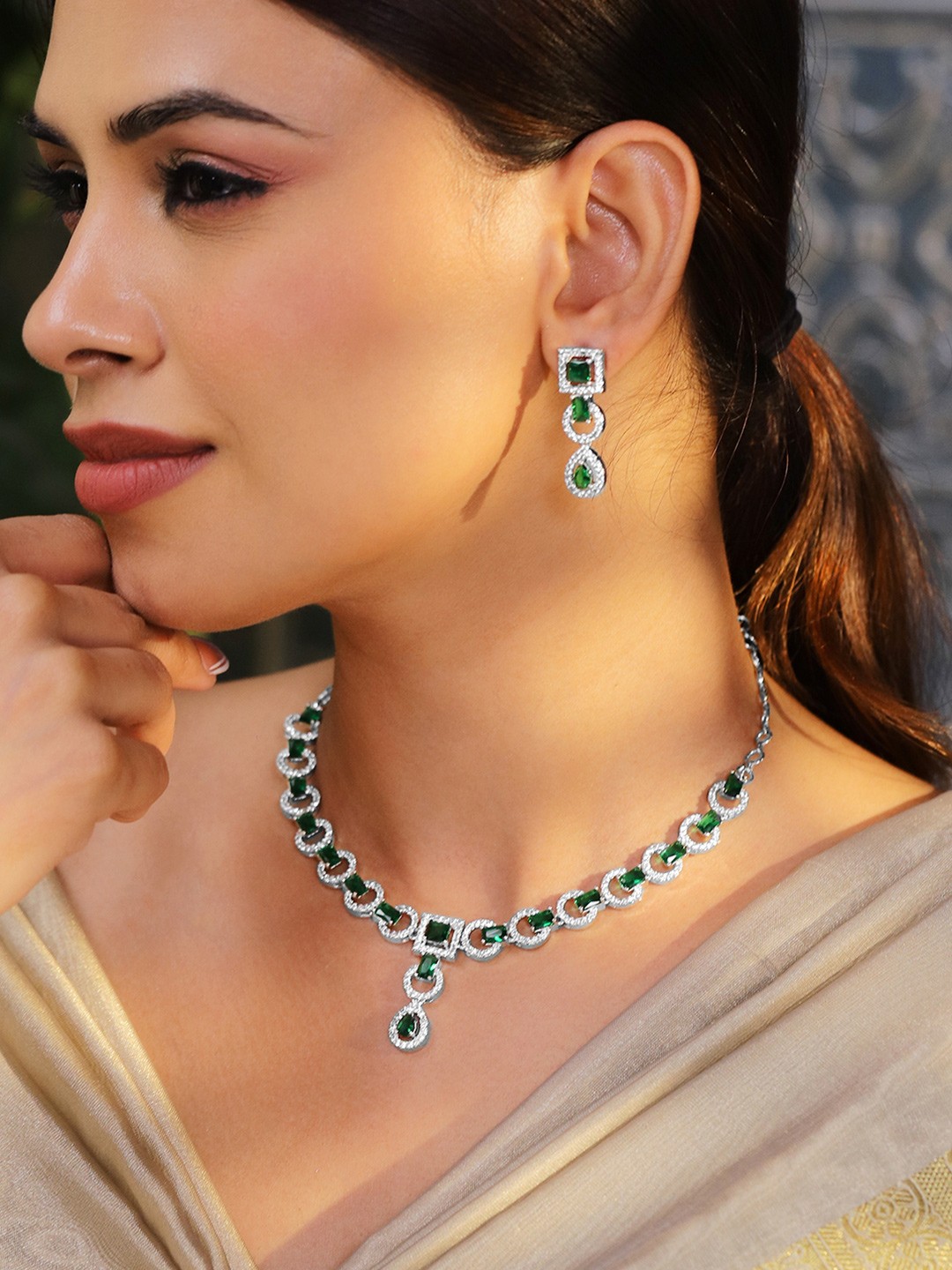 

Rubans Rhodium-Plated Emerald Green & White Cubic Zirconia Studded Necklace Set, Silver