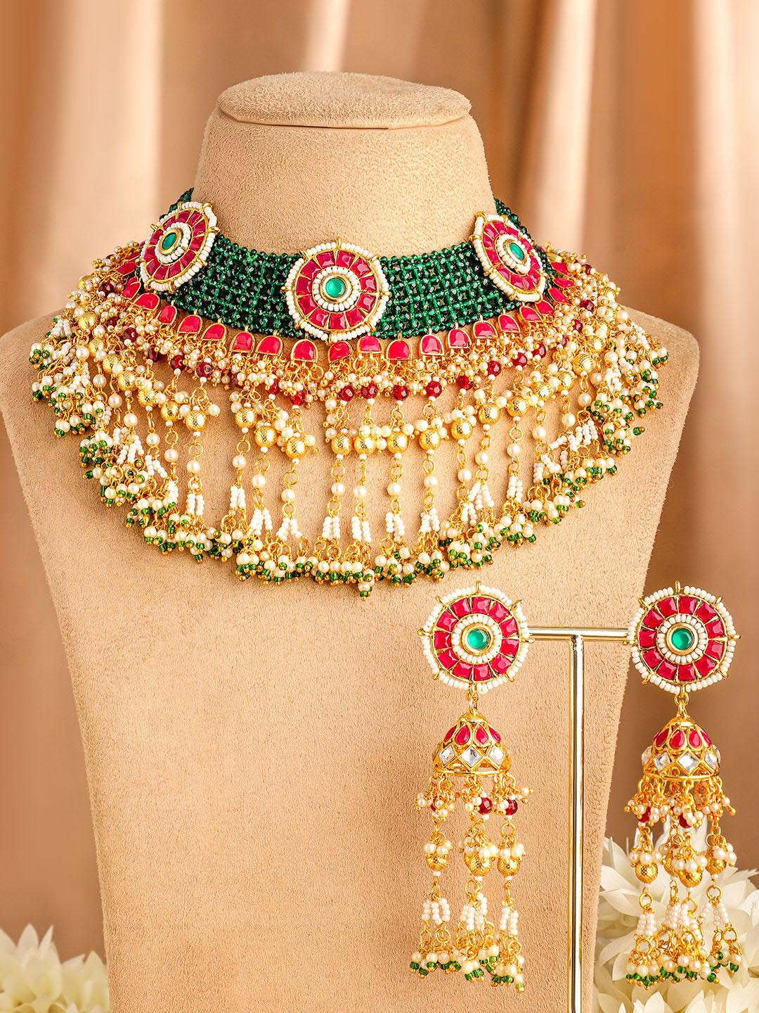 

Rubans 24K Gold-Plated Kundan & Beaded Handcrafted Ruby, Emerald & Pearl Necklace Set