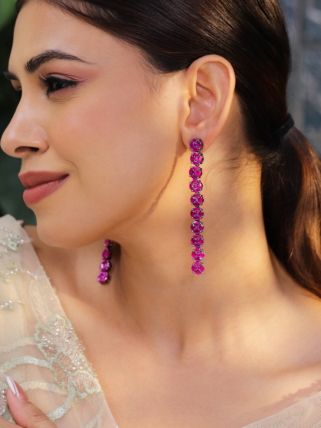 

Rubans Rhodium-Plated Deep Magenta Cubic Zirconia Studded Drop Earrings, Silver