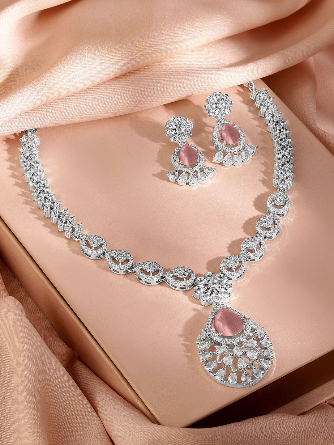 

Rubans Rhodium-Plated Pastel Pink AD & Cubic Zirconia Studded Necklace Set, Silver