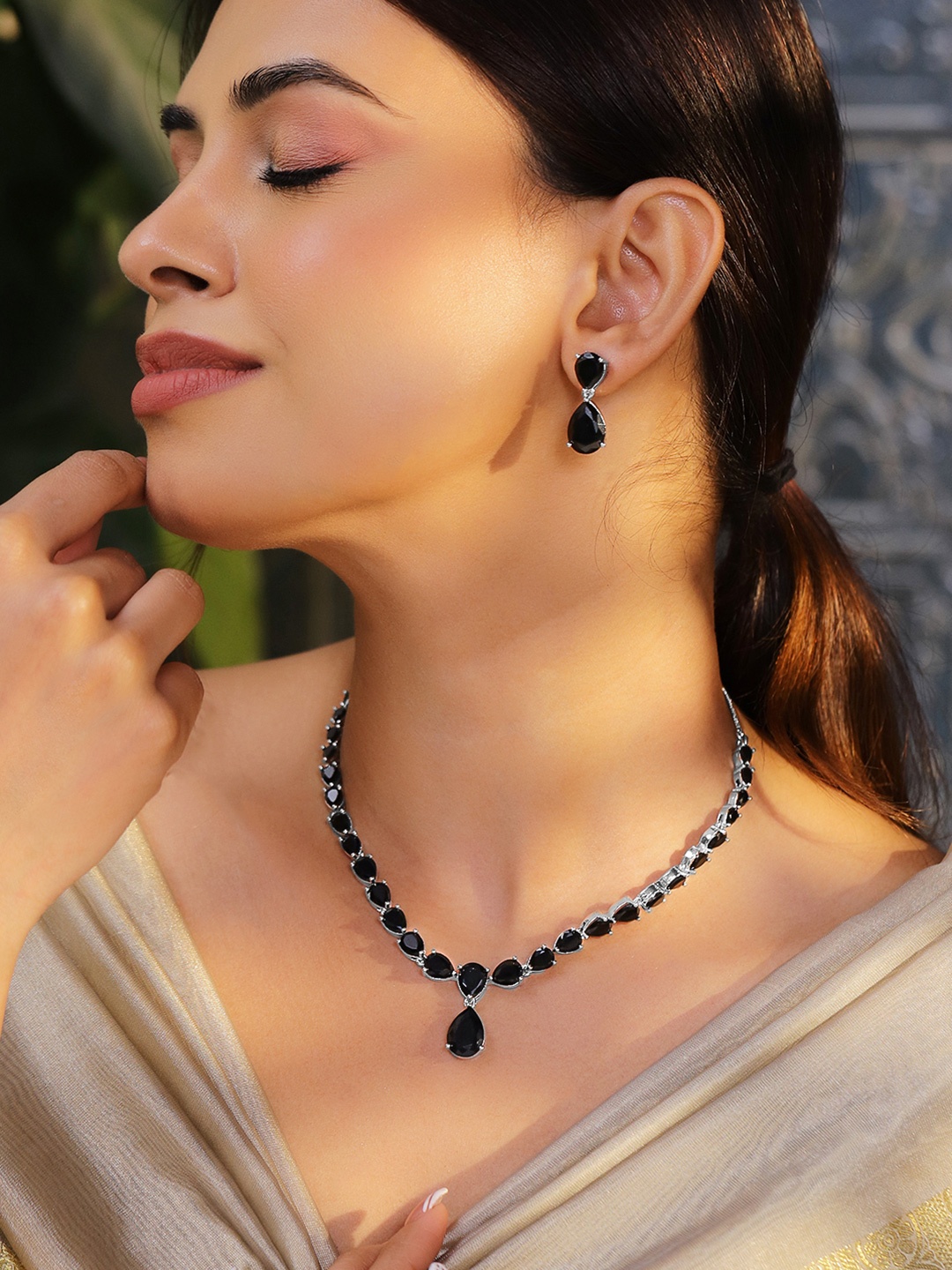 

Rubans Rhodium-Plated Black Onyx AD & Cubic Zirconia Studded Necklace Set, Silver