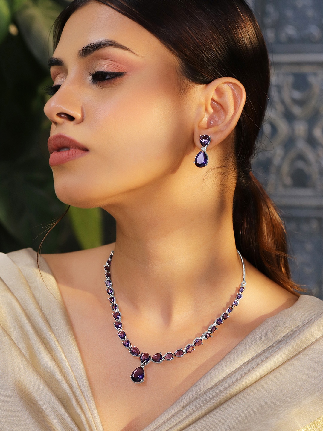 

Rubans Rhodium-Plated Amethyst Purple AD & Cubic Zirconia Studded Necklace Set, Silver