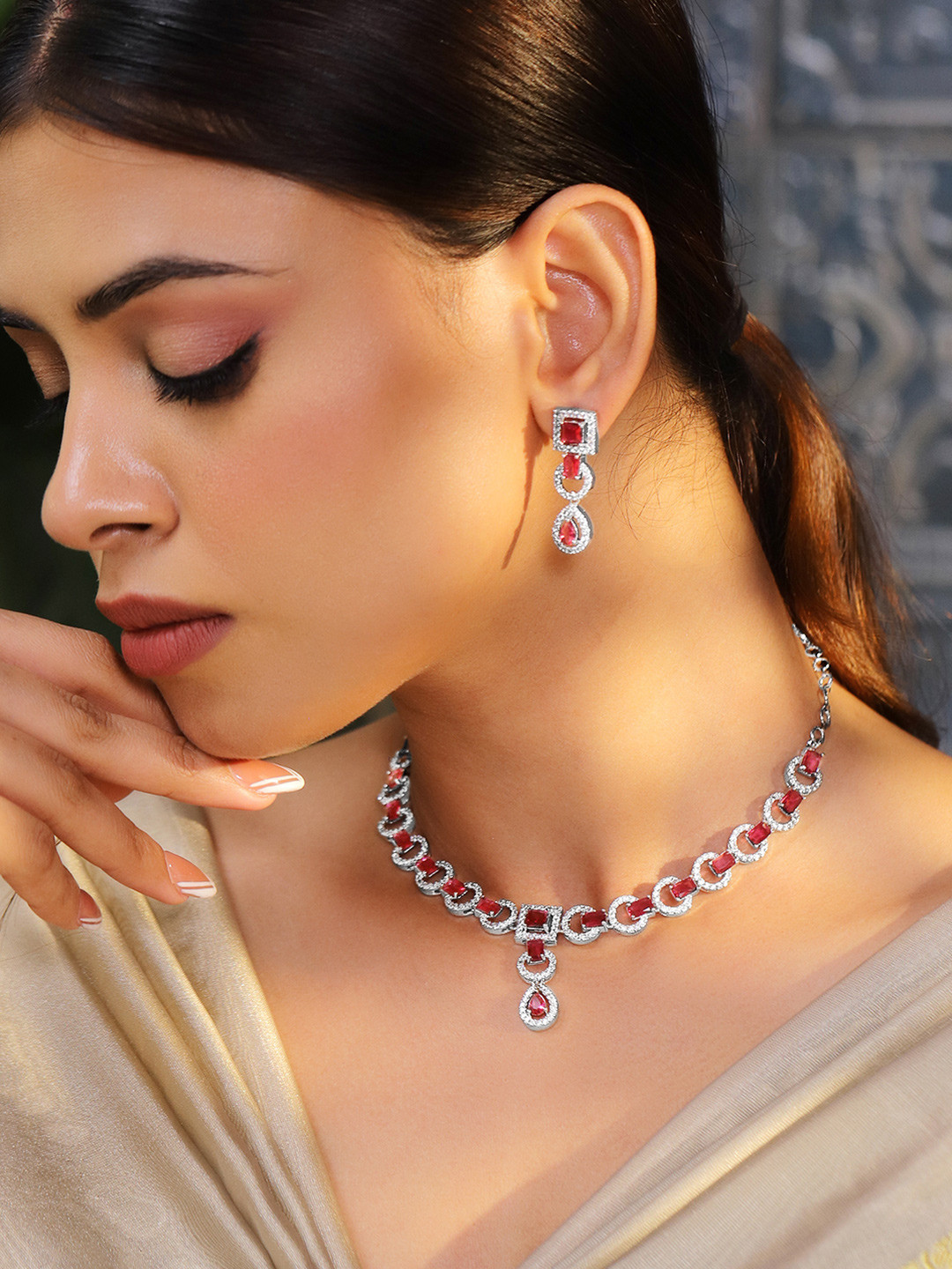 

Rubans Rhodium-Plated Ruby Pink AD & Cubic Zirconia Studded Necklace Se, Silver