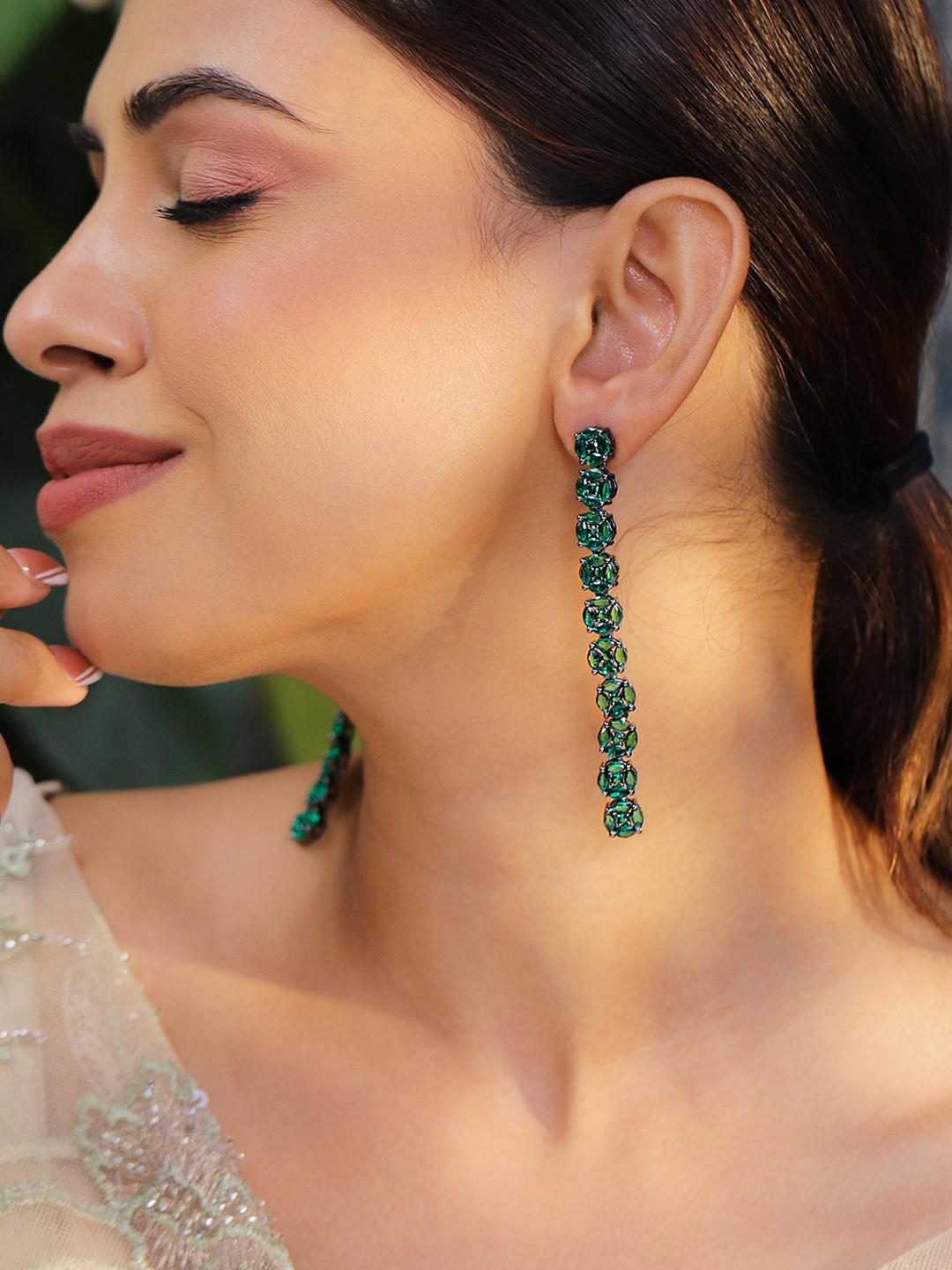 

Rubans Rhodium-Plated Emerald Green Cubic Zirconia Studded Drop Earrings, Silver