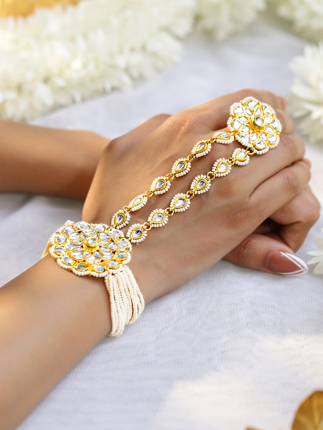 

Rubans 18K Gold-Plated Kundan & Pearl Beaded Handcrafted Haathpool Ring Bracelet