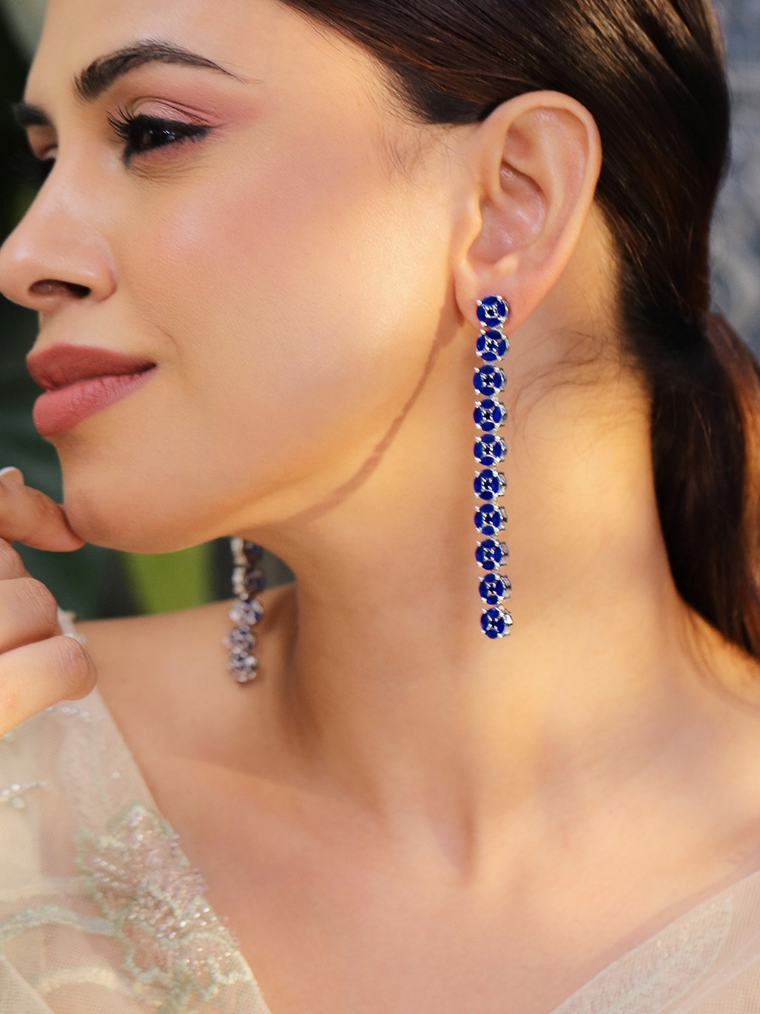 

Rubans Rhodium-Plated Blue Cubic Zirconia Studded Drop Earrings, Silver