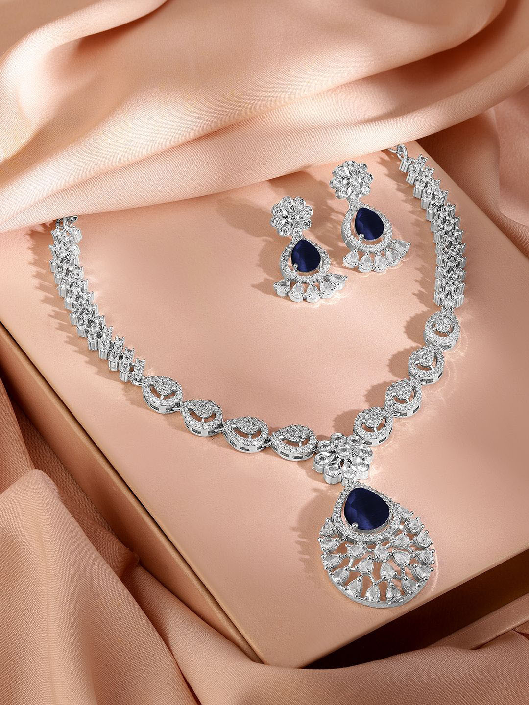 

Rubans Rhodium-Plated Navy Blue AD & Cubic Zirconia Studded Necklace Set, Silver