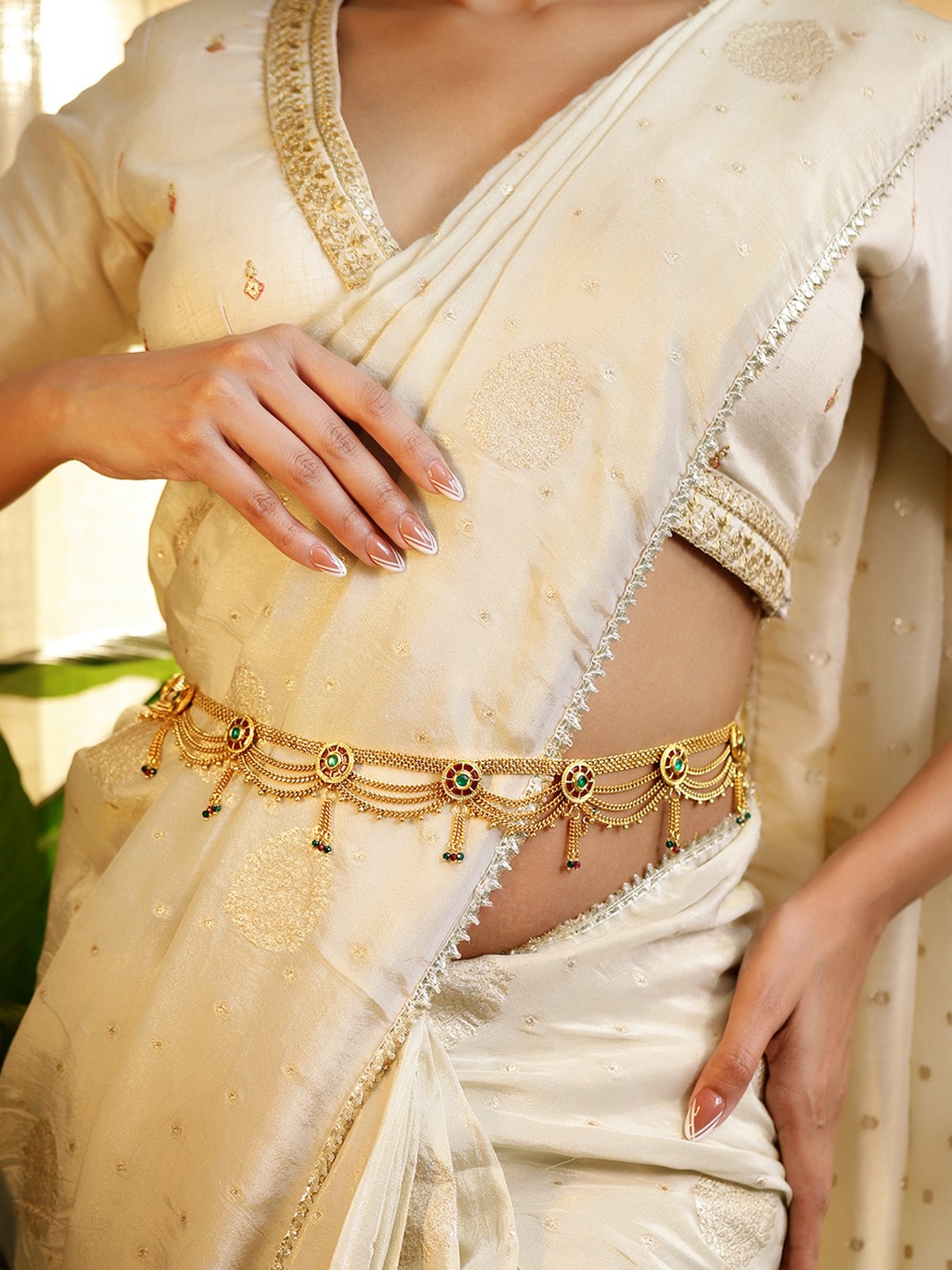 

Rubans 18K Gold-Plated Waist Chain with Ruby and Emerald Accents Saree Accessories