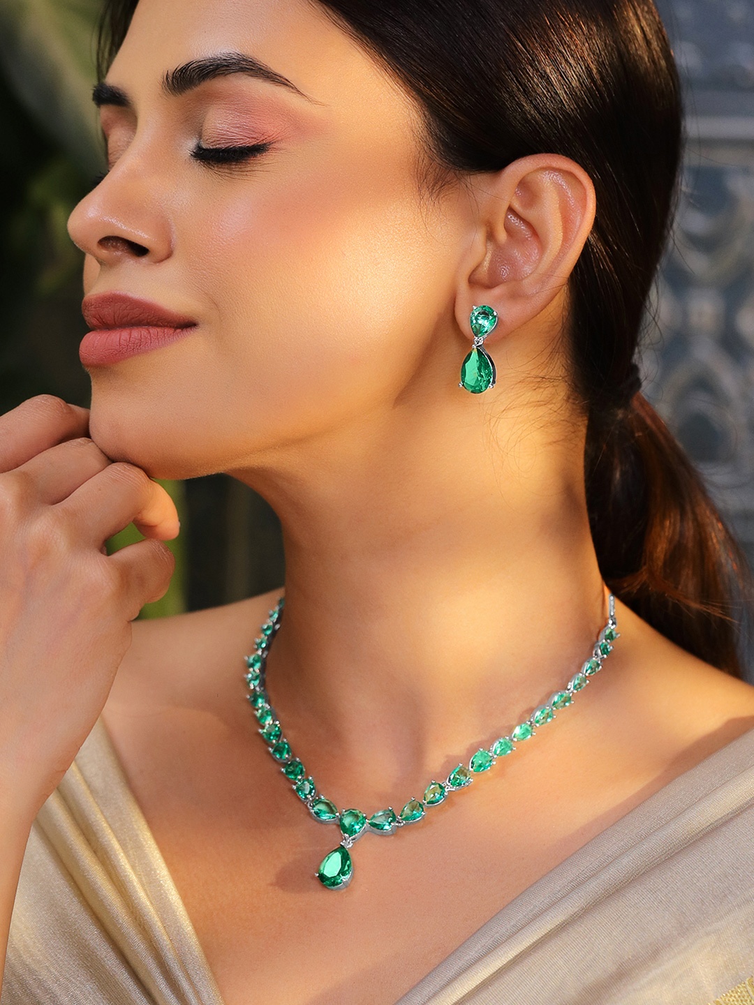 

Rubans Rhodium-Plated Emerald Green AD & Cubic Zirconia Studded Necklace Set, Silver