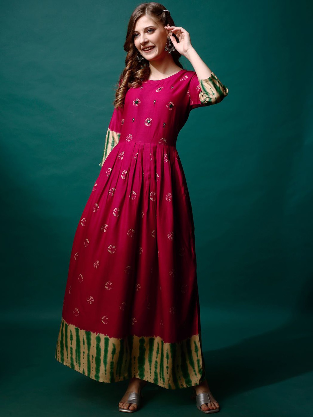 ARADHNA Printed Mirror Work Anarkali Kurta, Pink
