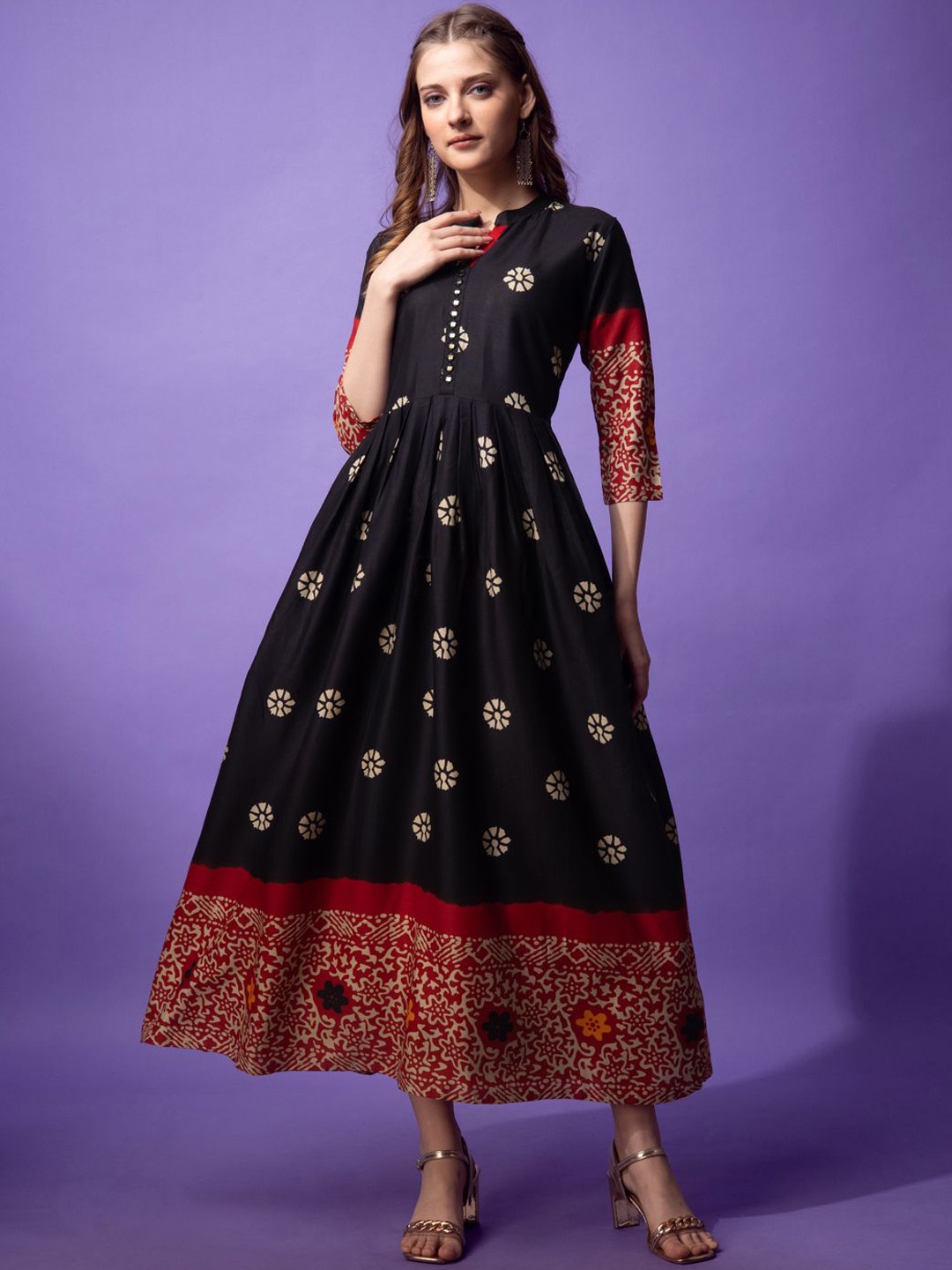 

ARADHNA Paisley Printed Anarkali Kurta, Black