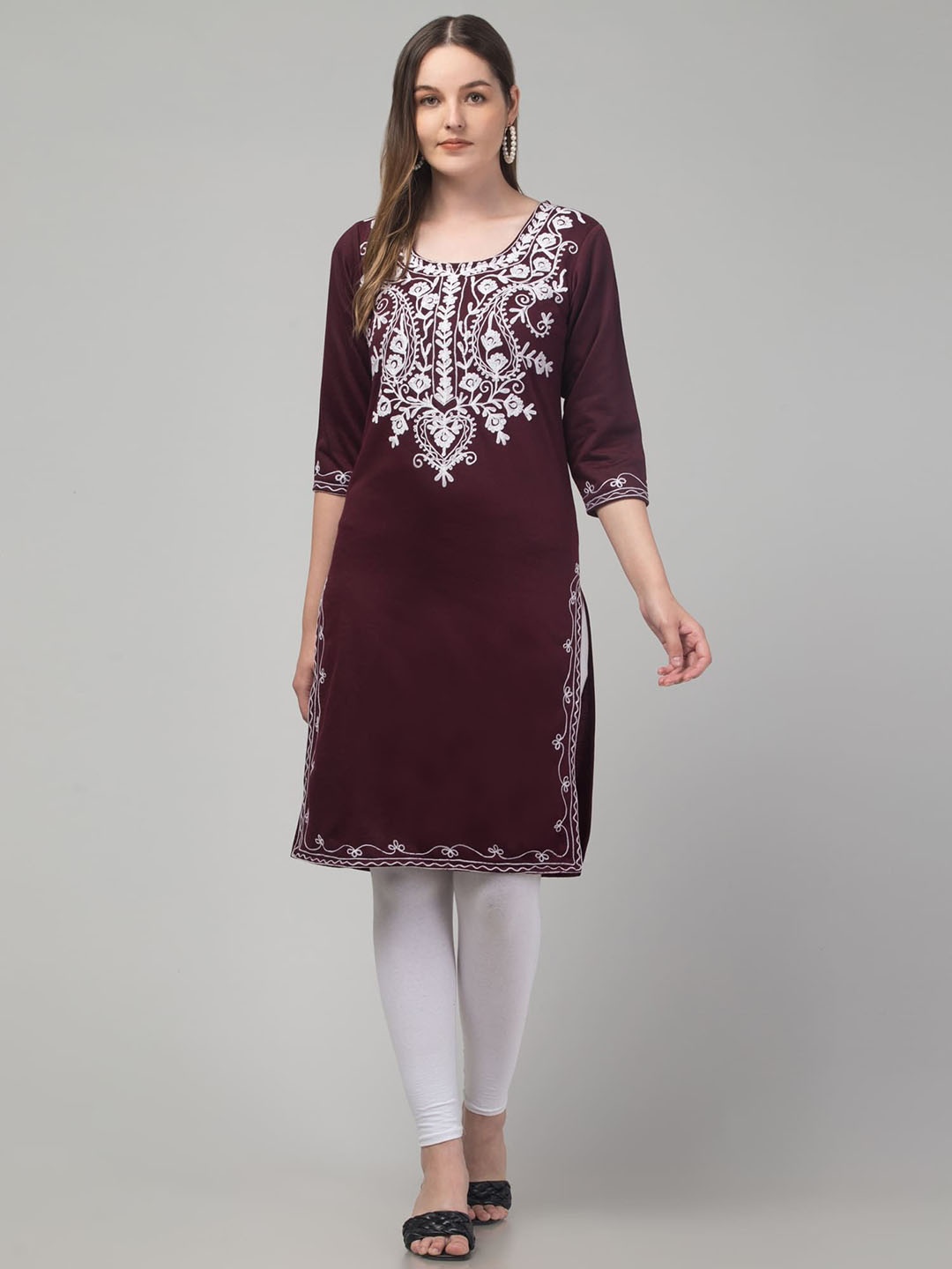

FAMBEE Floral Embroidered U-Neck Straight Kurta, Burgundy