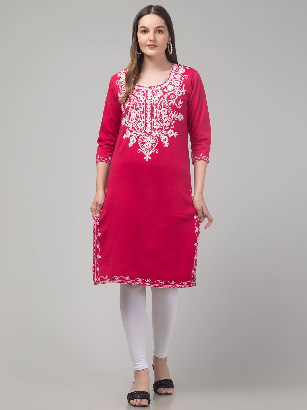 

FAMBEE Floral Embroidered U-Neck Straight Kurta, Pink