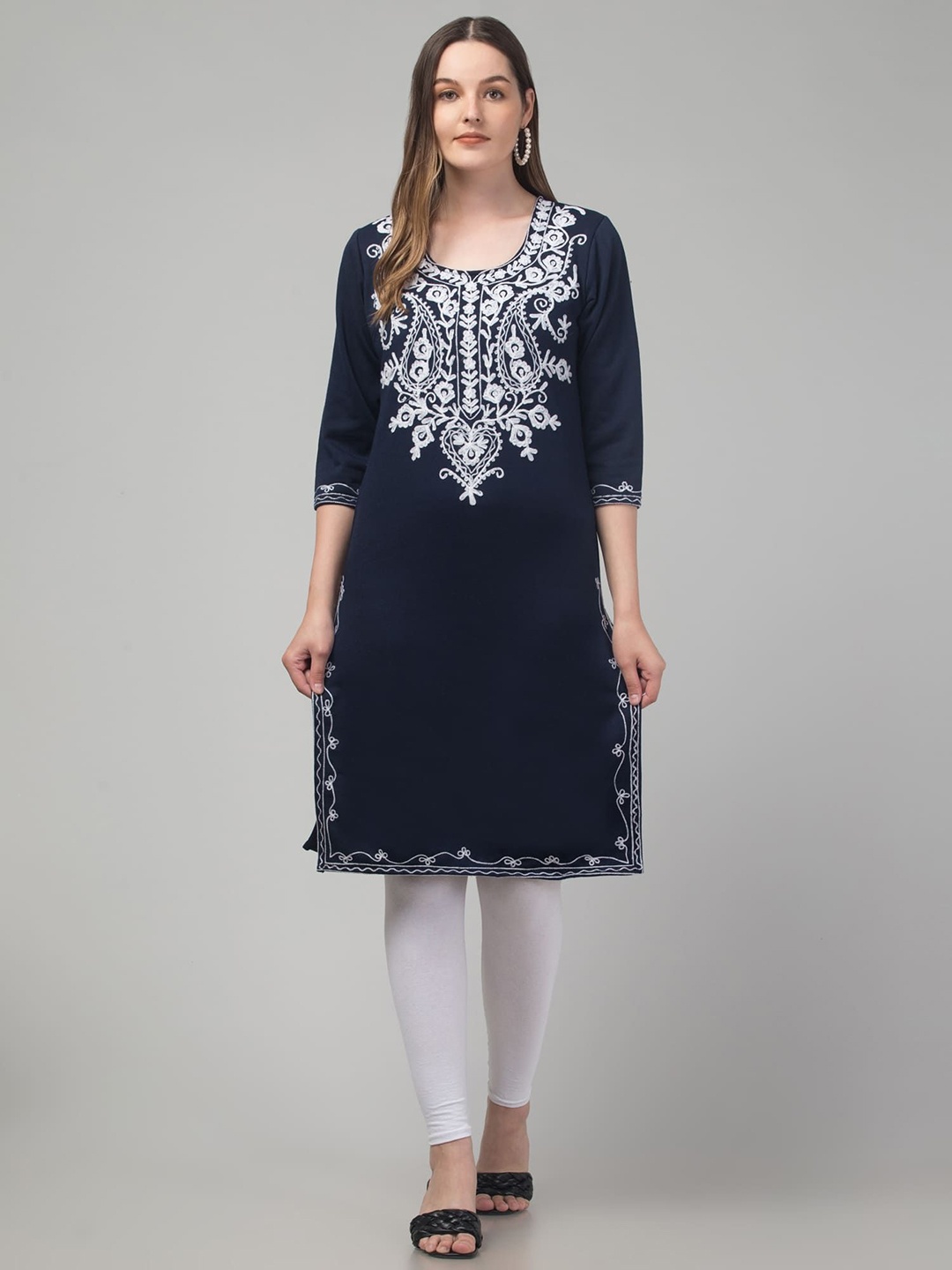

FAMBEE Floral Embroidered U-Neck Straight Kurta, Navy blue