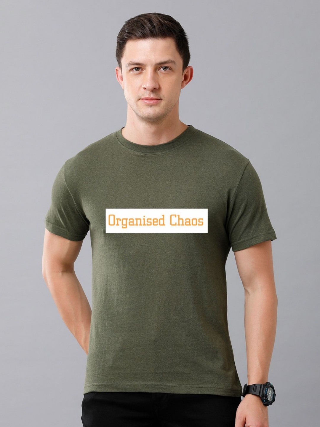 

Moda Rapido Men Typography Printed Round Neck Slim Fit Casual T-shirt, Olive