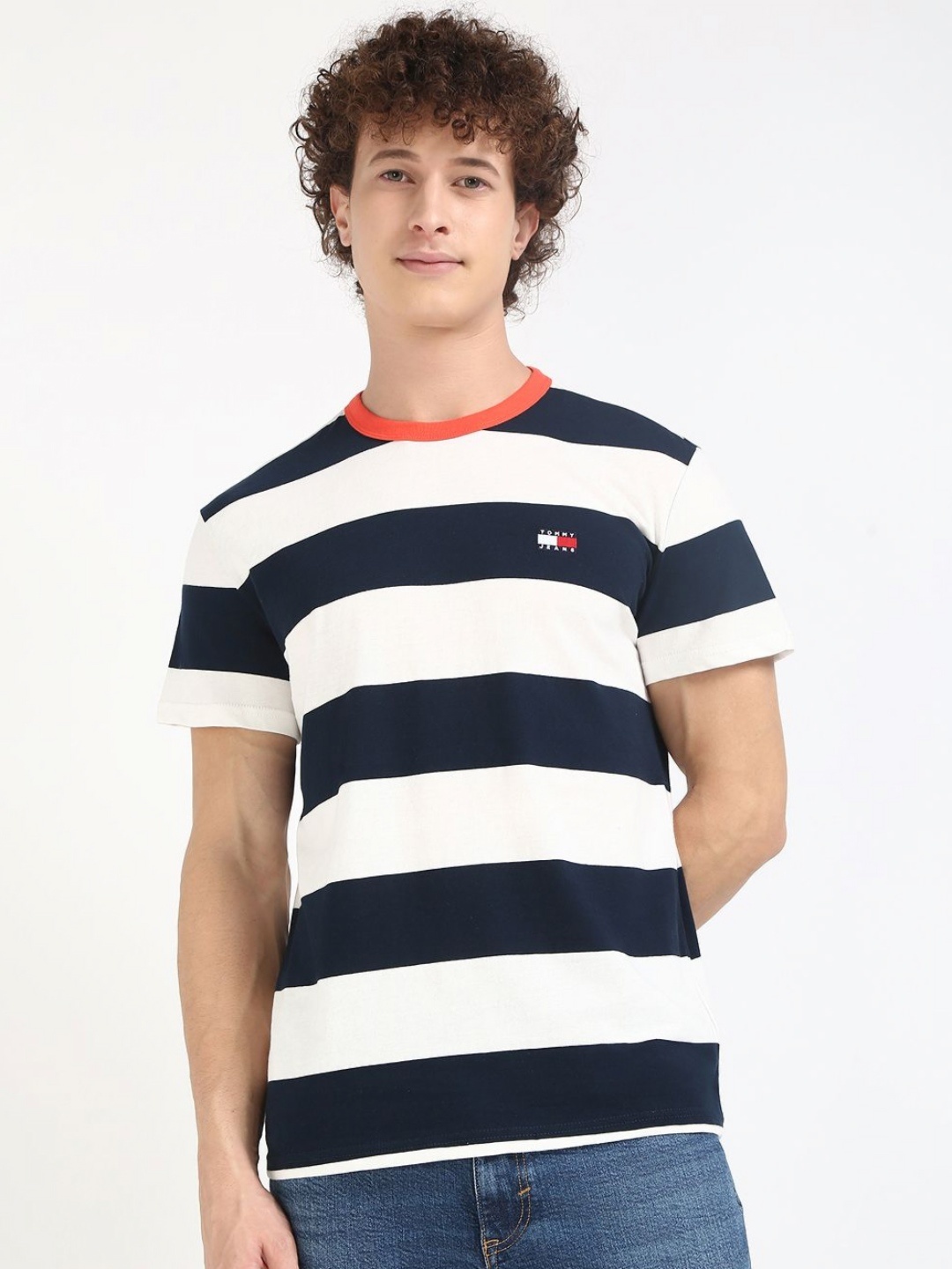 

Tommy Hilfiger Men Striped Round Neck Cotton T-shirt, Navy blue