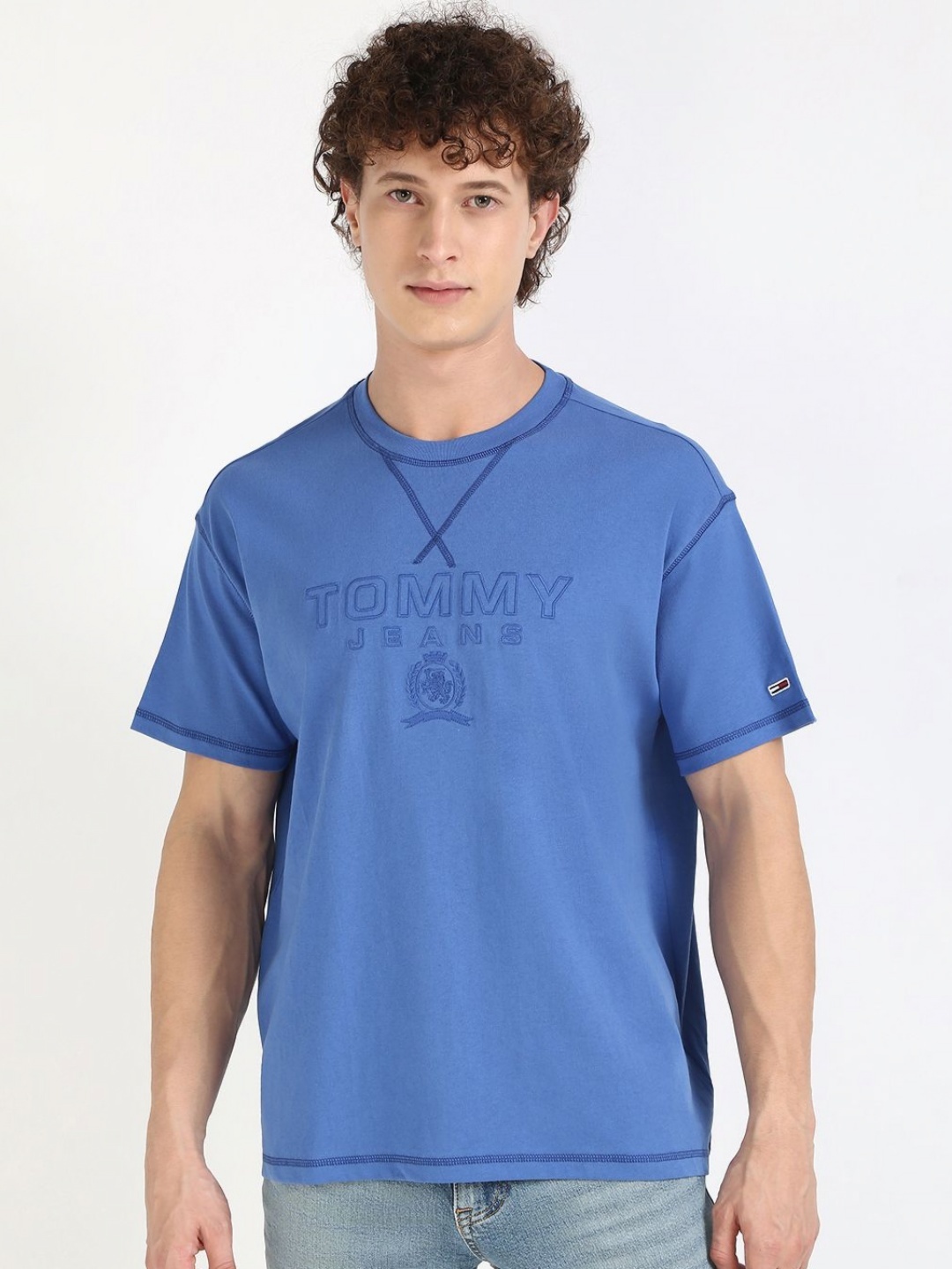 

Tommy Hilfiger Men Typography Printed Round Neck Cotton Relaxed Fit T-shirt, Blue