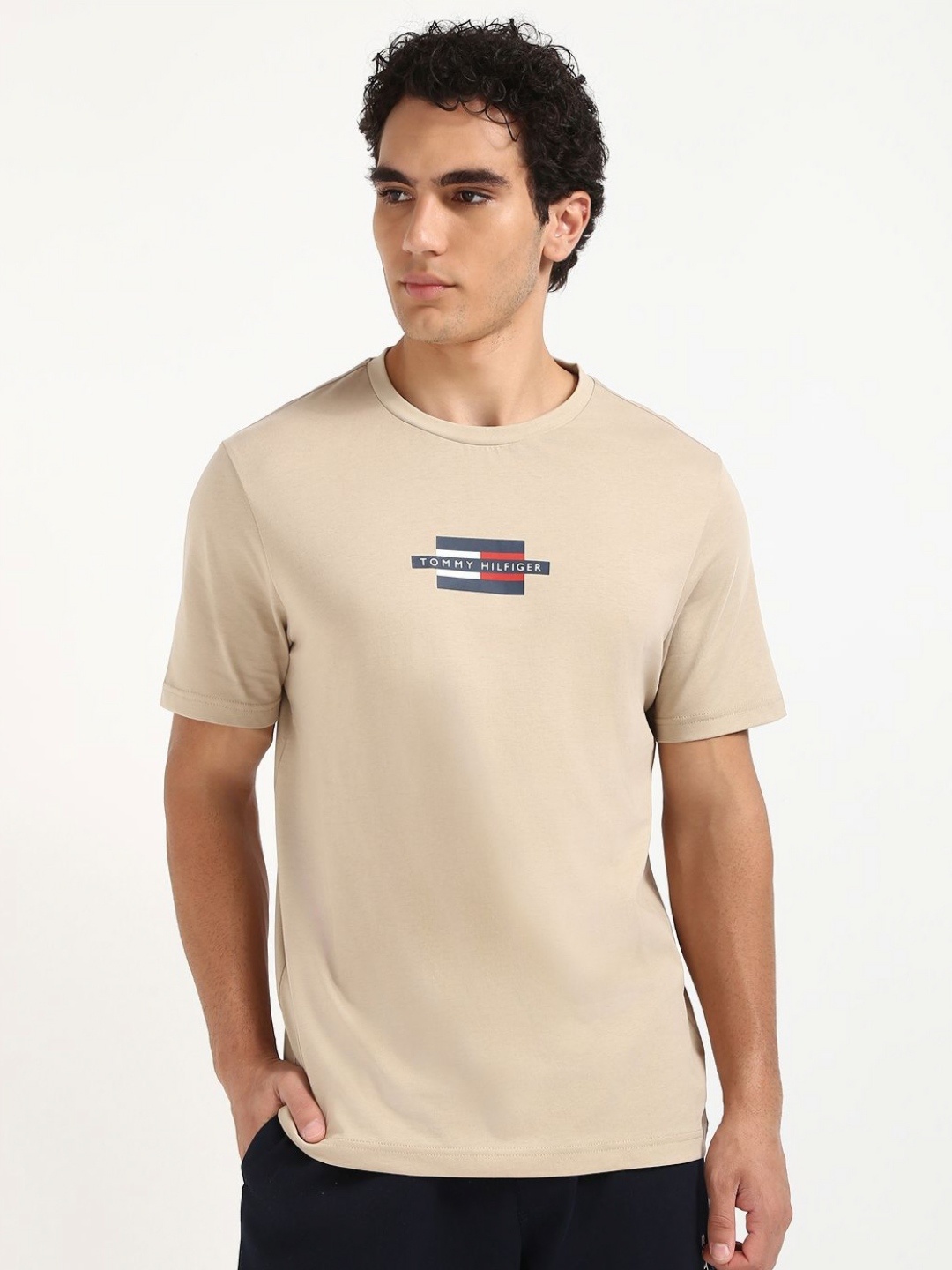 

Tommy Hilfiger Men Typography Printed Round Neck Cotton T-shirt, Beige