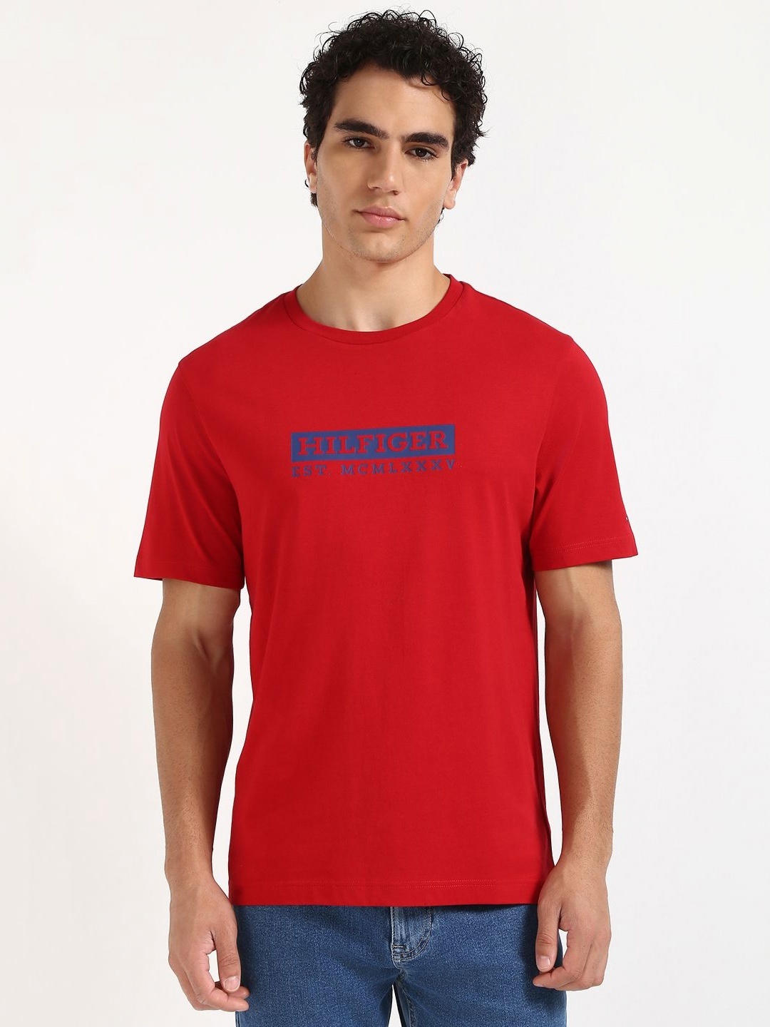 

Tommy Hilfiger Men Typography Printed Round Neck Cotton T-shirt, Red