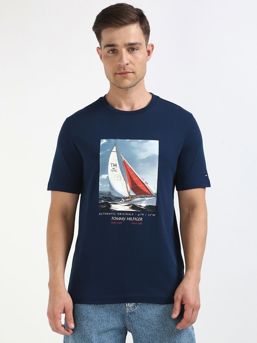 

Tommy Hilfiger Men Graphic Printed Round Neck Cotton T-shirt, Navy blue