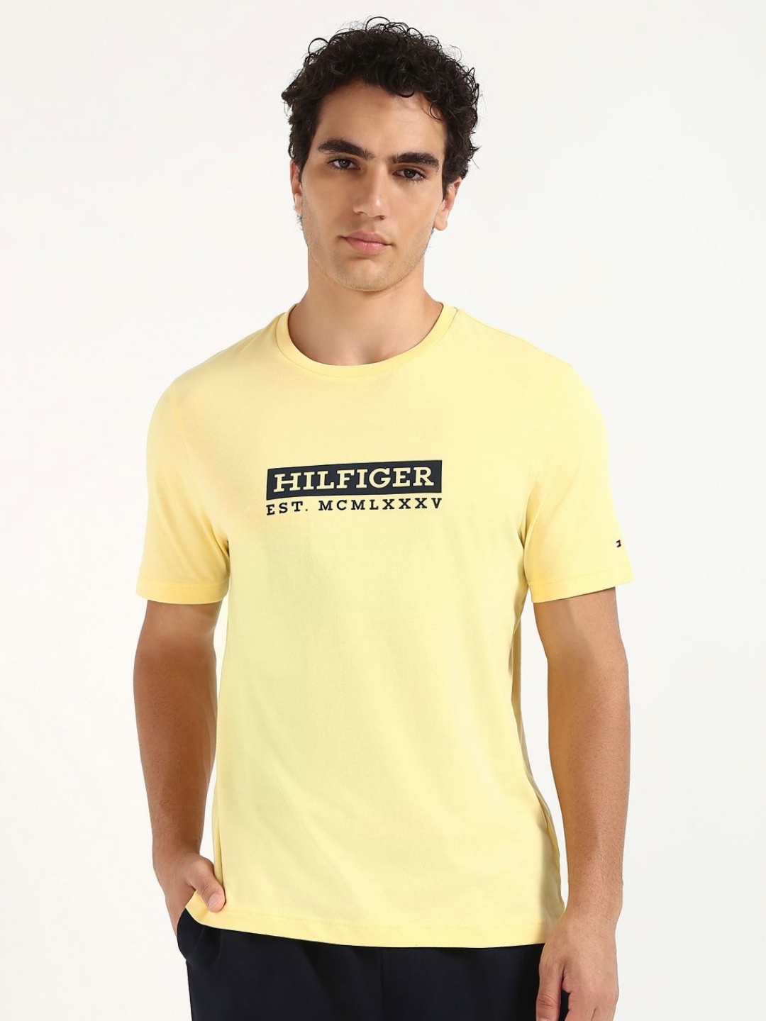 

Tommy Hilfiger Men Typography Printed Round Neck Cotton T-shirt, Yellow