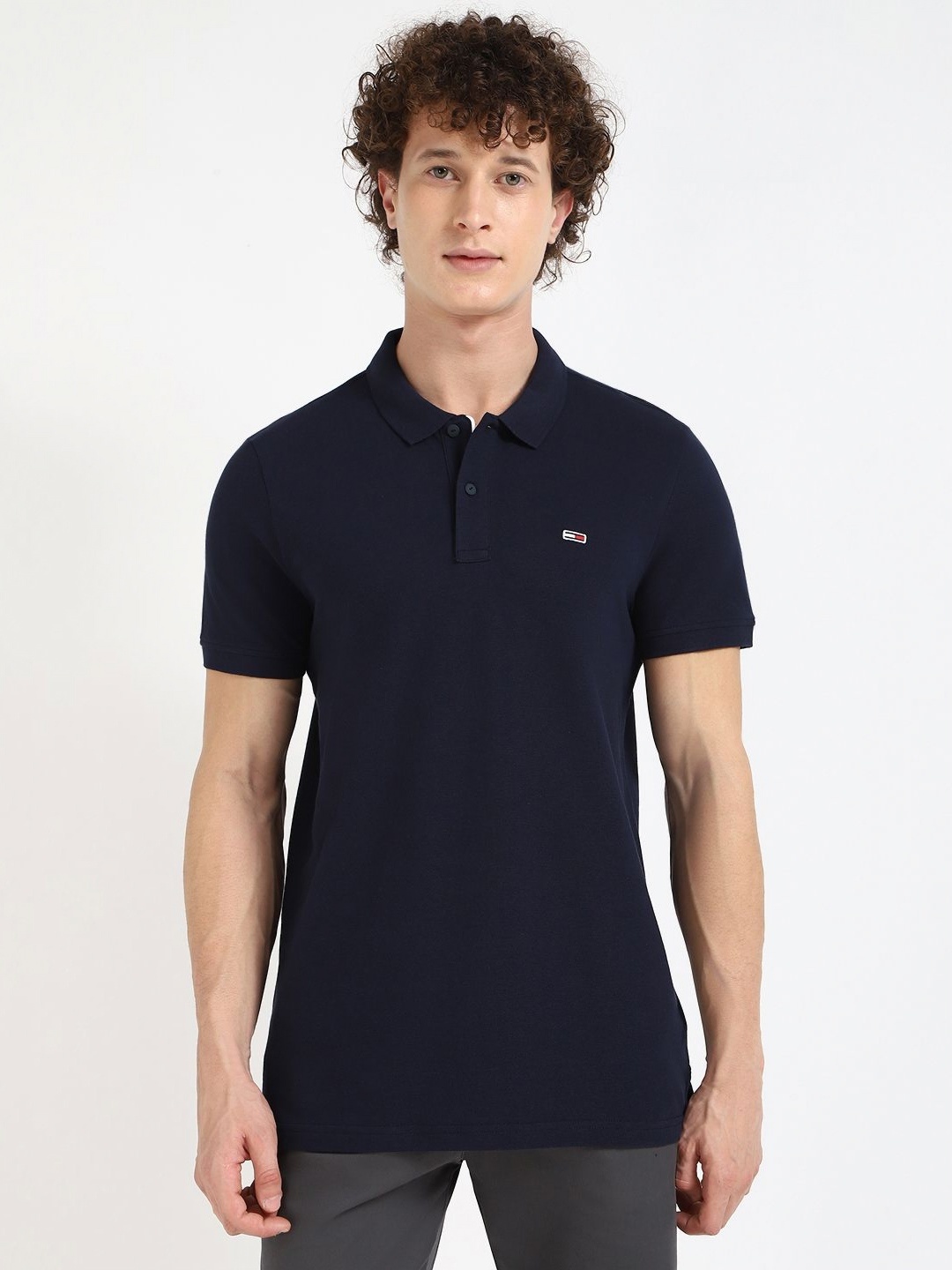 

Tommy Hilfiger Men Solid Polo Collar Slim Fit Cotton T-shirt, Navy blue
