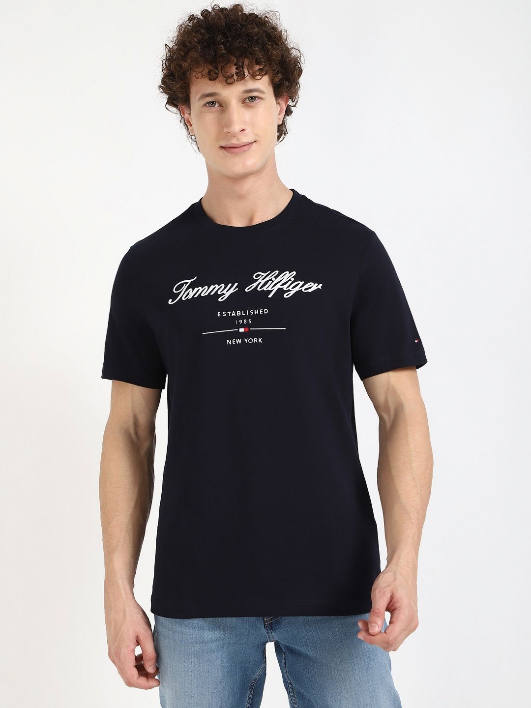 

Tommy Hilfiger Men Typography Printed Round Neck Cotton T-shirt, Navy blue