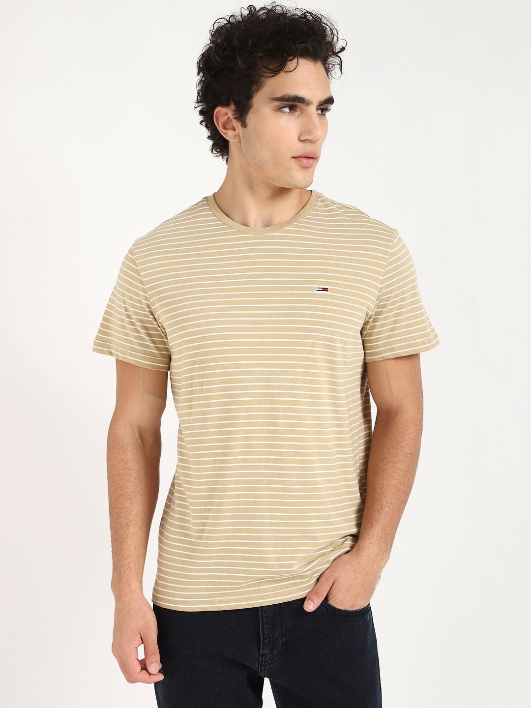 

Tommy Hilfiger Men Striped Round Neck Cotton T-shirt, Beige