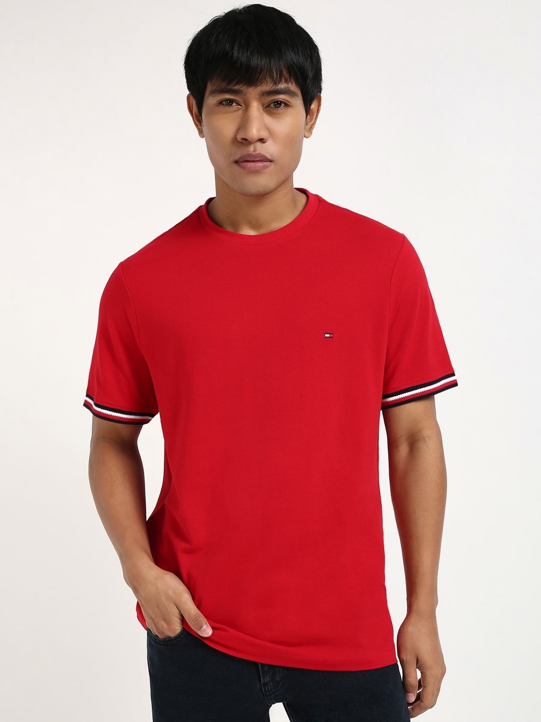 

Tommy Hilfiger Men GLOBAL STRIPE CUFF Solid Round Neck Cotton T-shirt, Red
