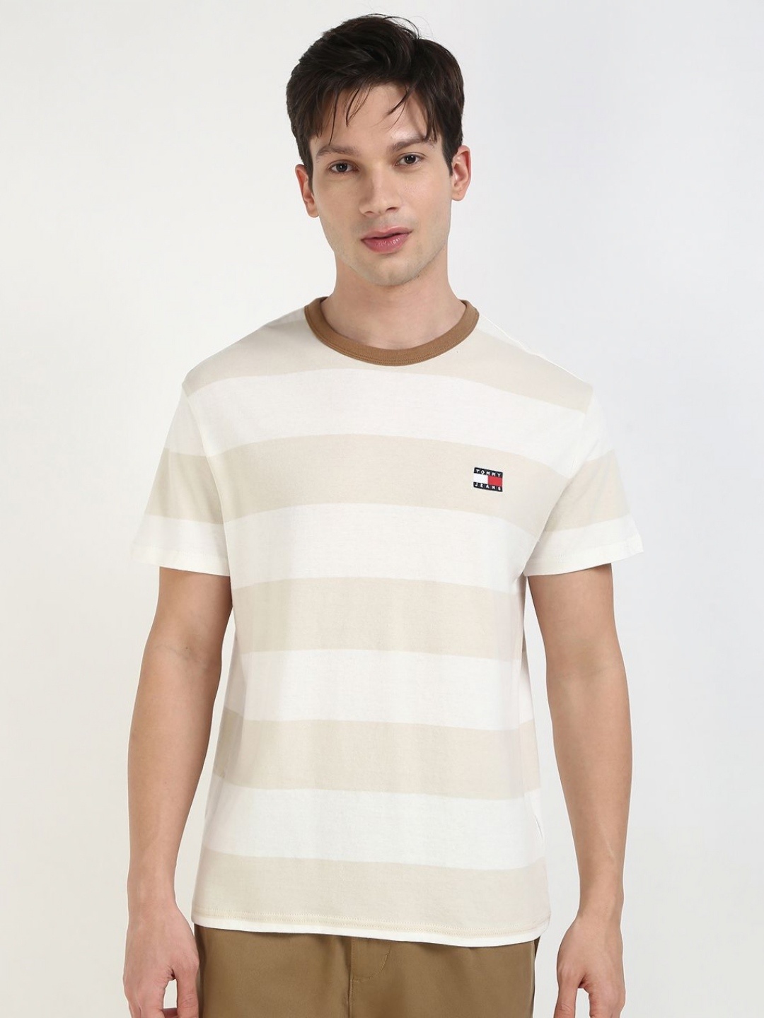 

Tommy Hilfiger Men Striped Round Neck Cotton T-shirt, Beige