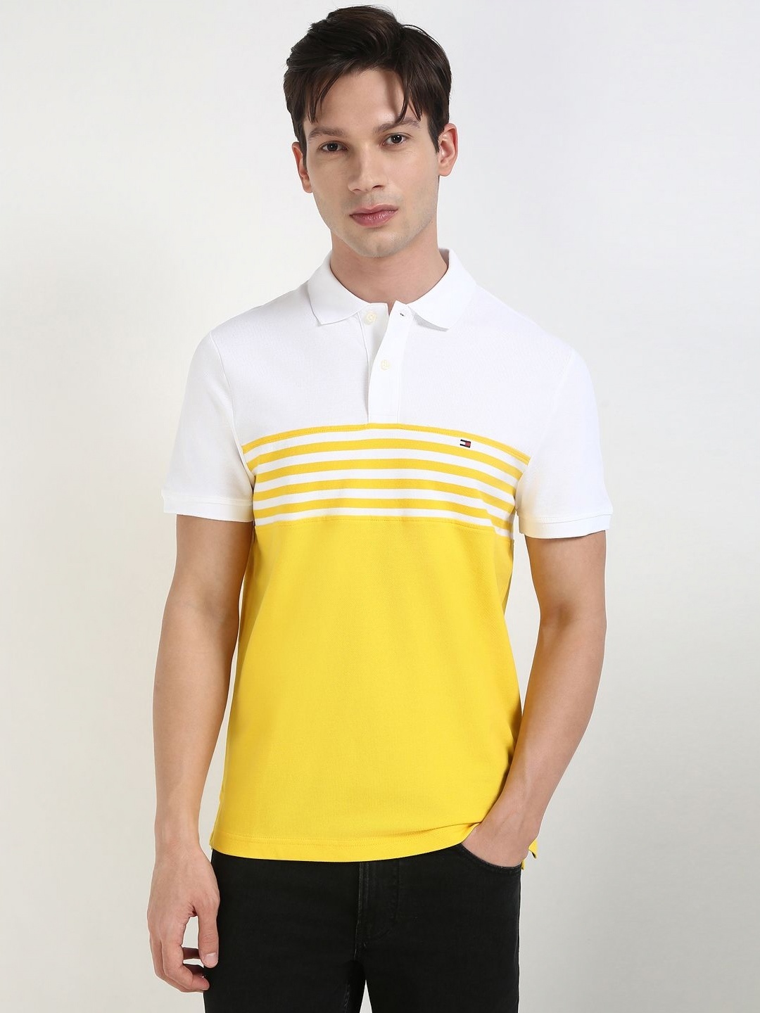 

Tommy Hilfiger Men Colourblocked Polo Collar Cotton T-shirt, Yellow