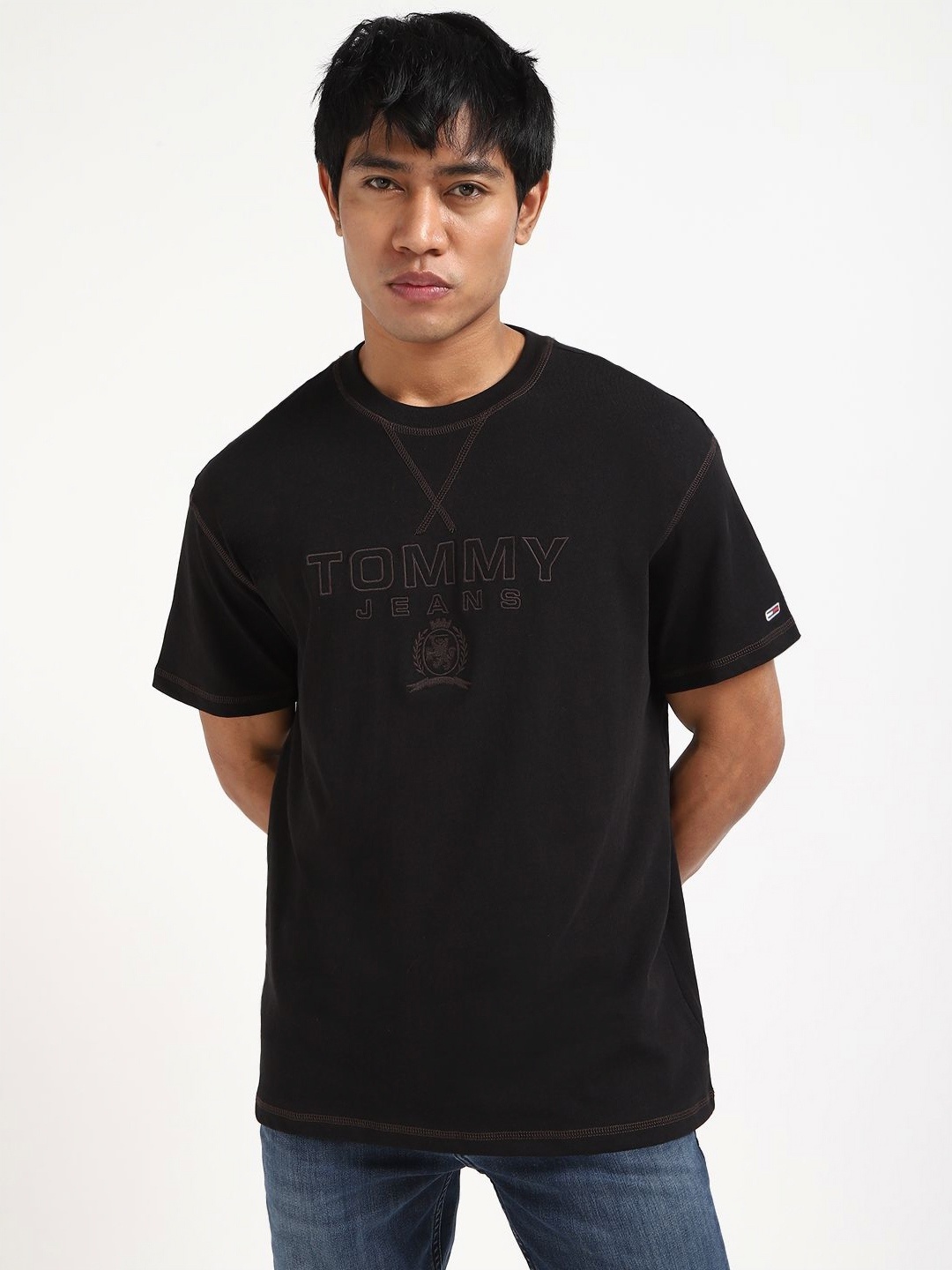 

Tommy Hilfiger Men Typography Printed Round Neck Cotton Relaxed Fit T-shirt, Black