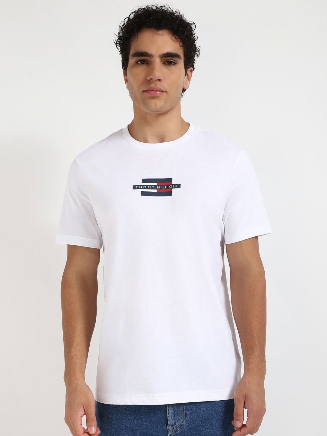

Tommy Hilfiger Men FLAG BOX Typography Printed Round Neck Cotton T-shirt, White