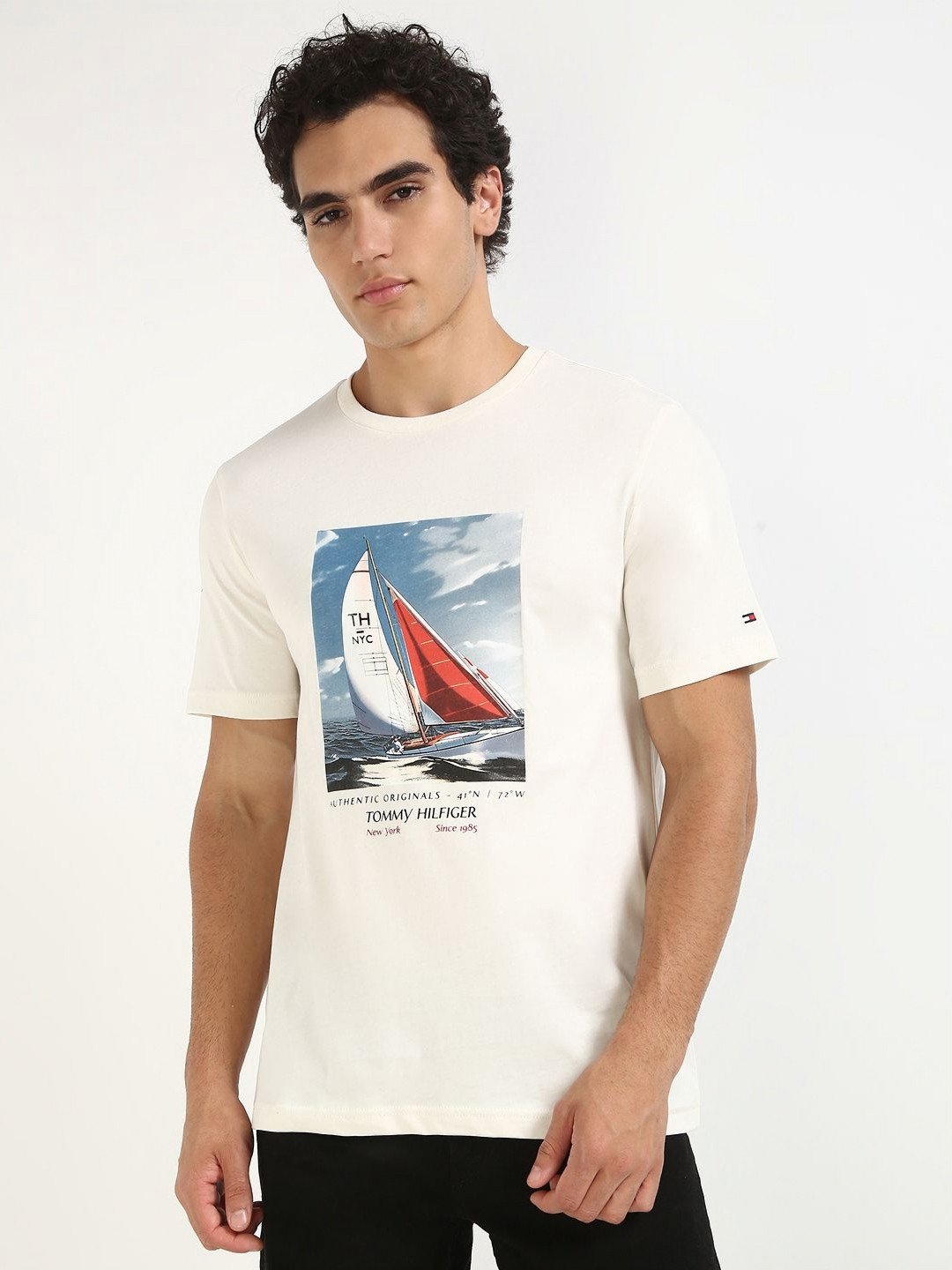

Tommy Hilfiger Men Graphic Printed Round Neck Cotton T-shirt, White