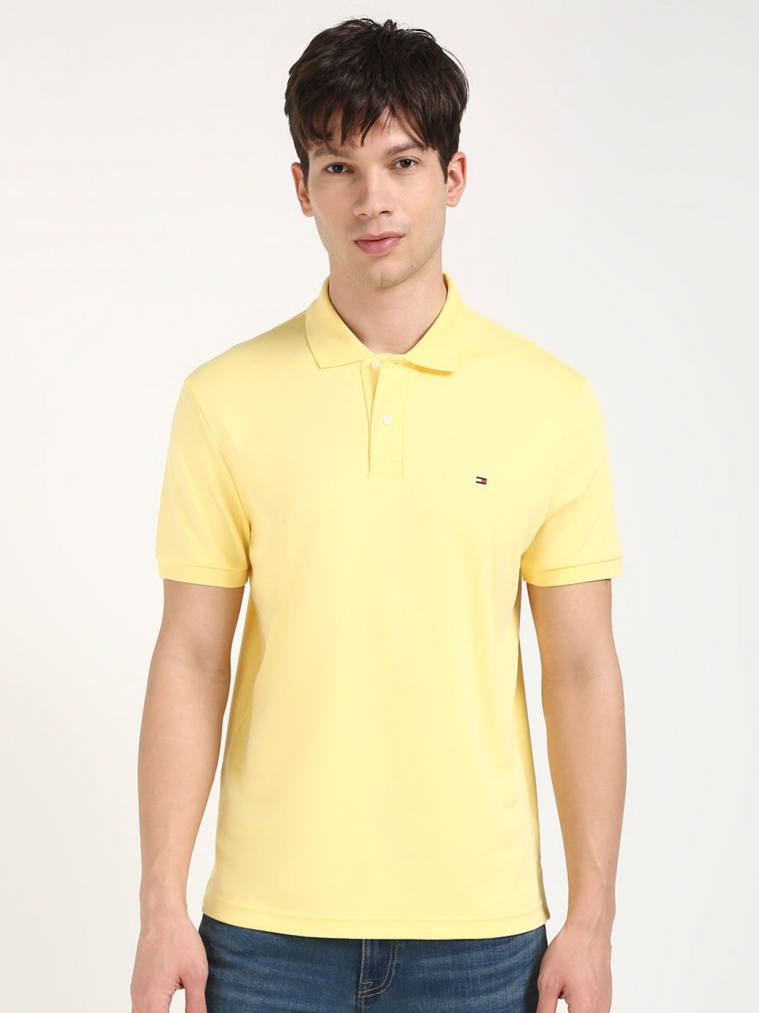 

Tommy Hilfiger Men Solid Polo Collar Cotton T-shirt, Yellow