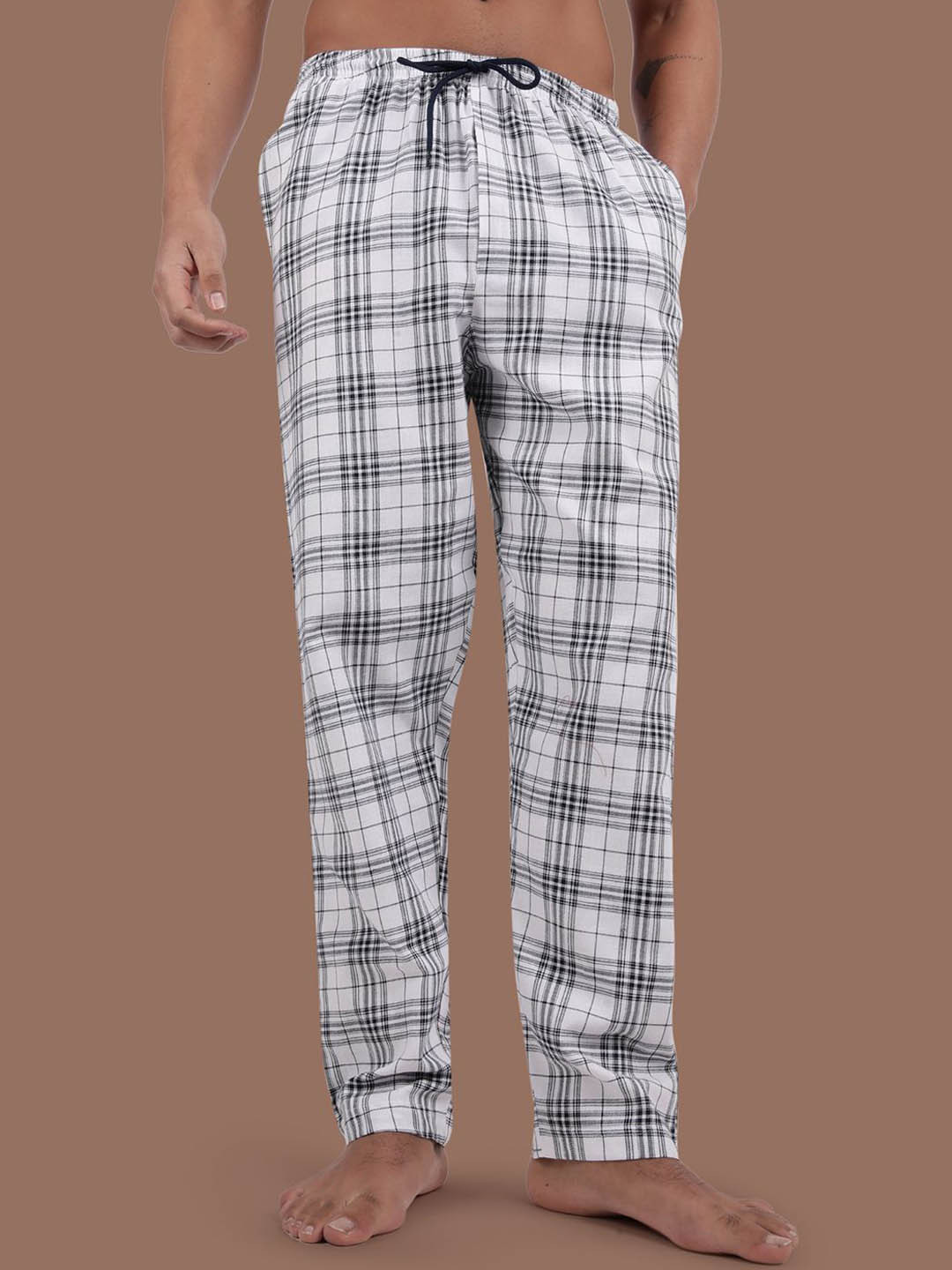 

Kryptic Men Checked Pure Cotton Woven Lounge Pants, White