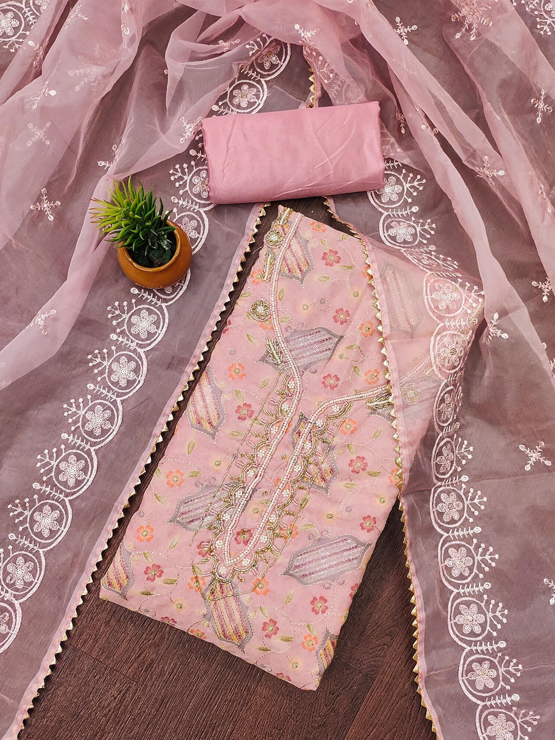 

Maroosh Floral Printed Beads Work Organza Unstitched Dress Material, Pink