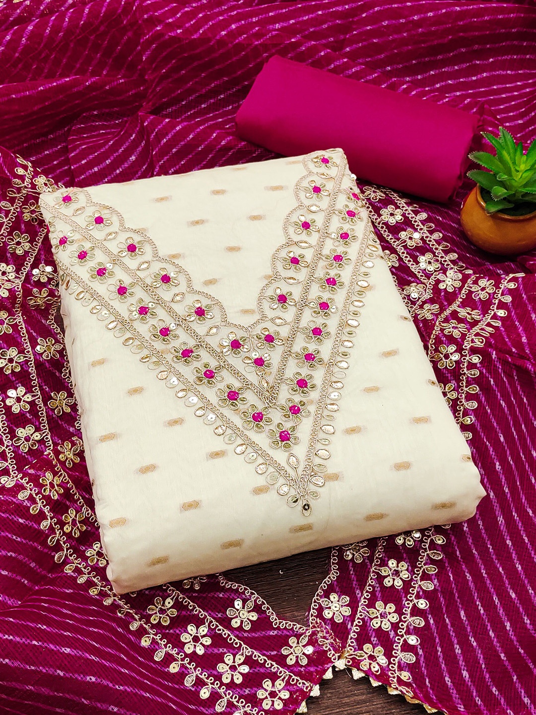 

Maroosh Ethnic Motifs Woven Design Thread Work Unstitched Dress Material, White