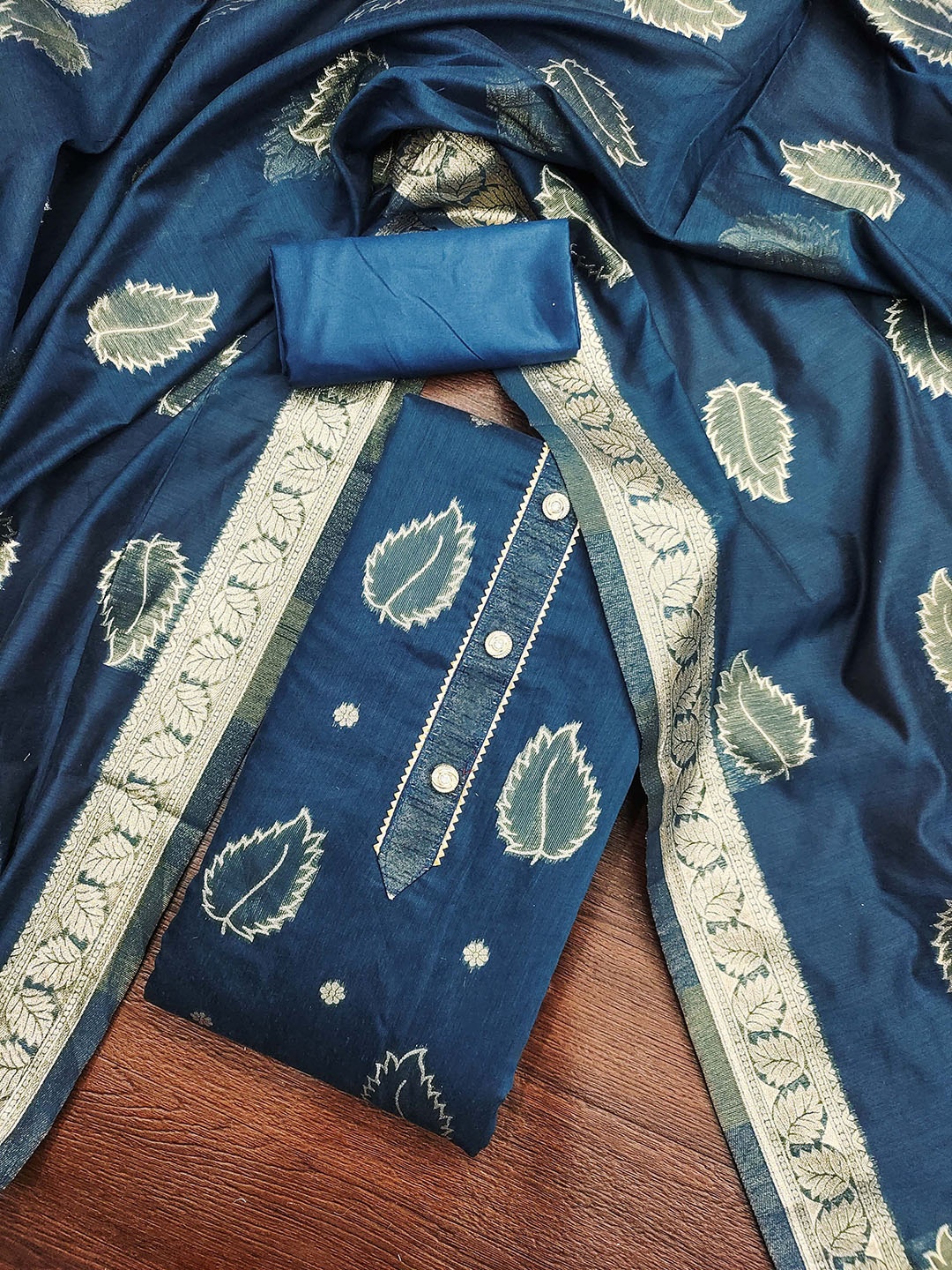 

Maroosh Floral Woven Design Unstitched Dress Material, Blue