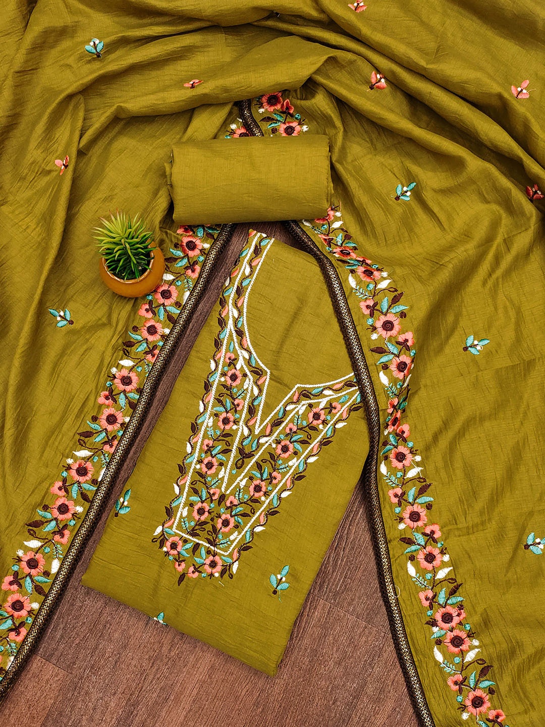 

Maroosh Floral Embroidered Unstitched Dress Material, Olive