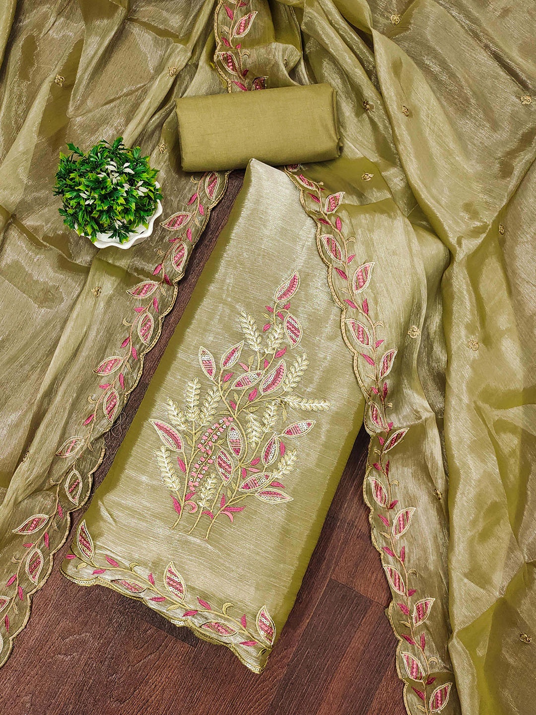 

Maroosh Floral Embroidered Sequinned Unstitched Dress Material, Olive