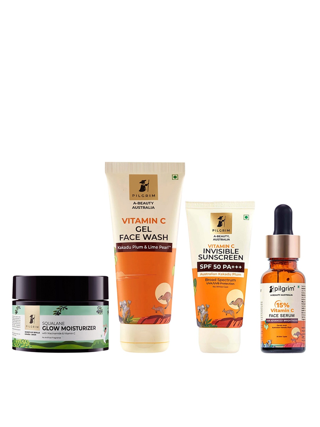 

Pilgrim Set Of Vitamin C Face Serum, Face Wash, Moisturizer, Gel Sunscreen, Orange