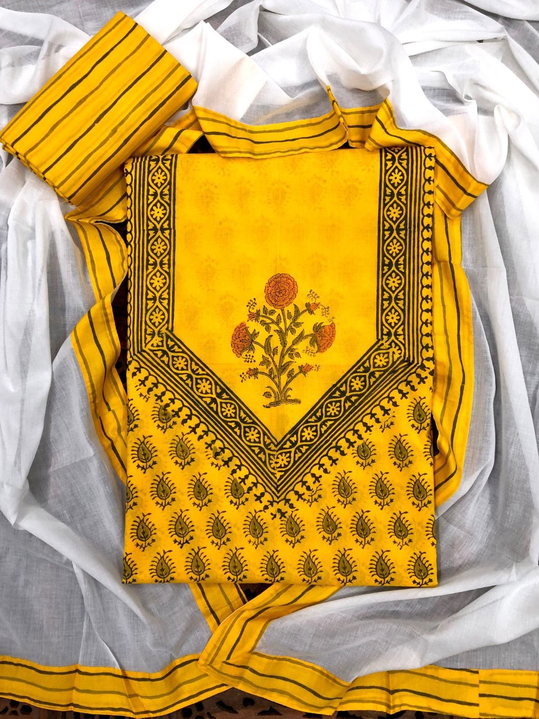 

PALASH Ethnic Motifs Block Printed Patchwork Pure Cotton Unstitched Dress Material, Mustard