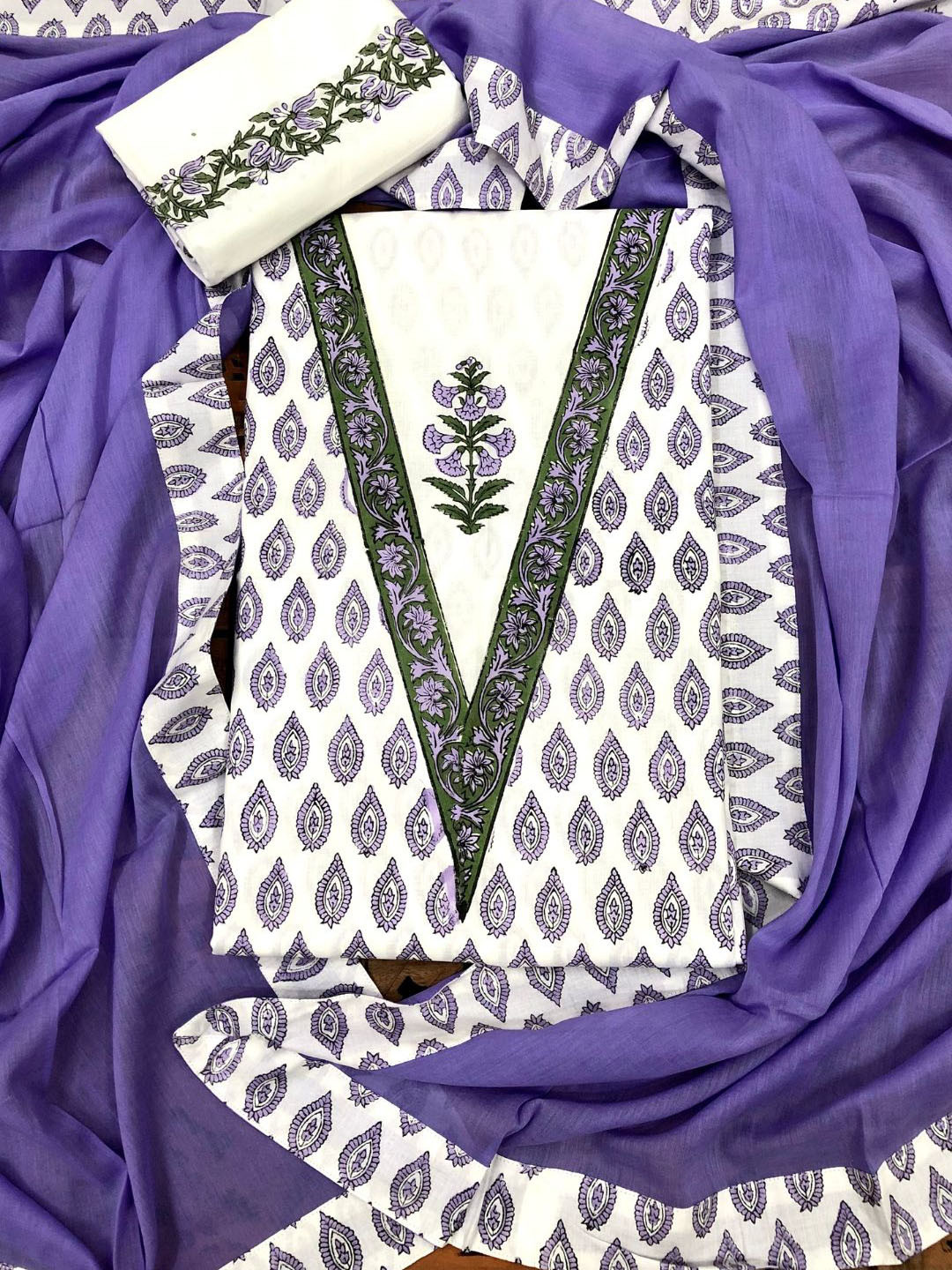 

PALASH Ethnic Motifs Block Printed Patchwork Pure Cotton Unstitched Dress Material, Navy blue