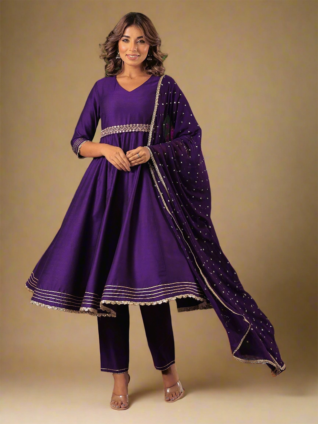 

KASYA Empire V-Neck Anarkali Kurta With Trousers And Dupatta, Purple