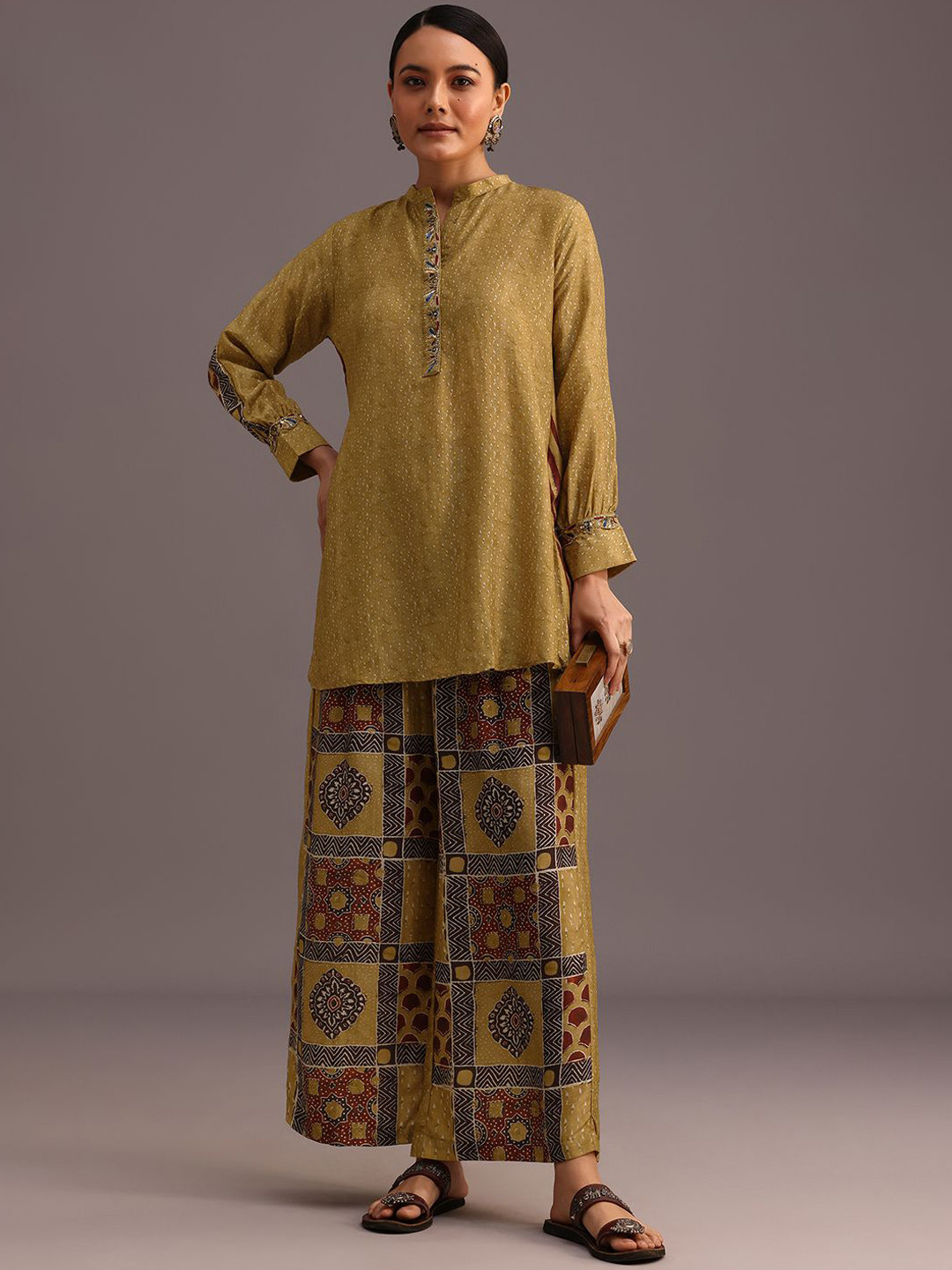 

KALKI Fashion Ethnic Motifs Printed Mandarin Collar Straight Linen Kurti with Palazzos, Mustard