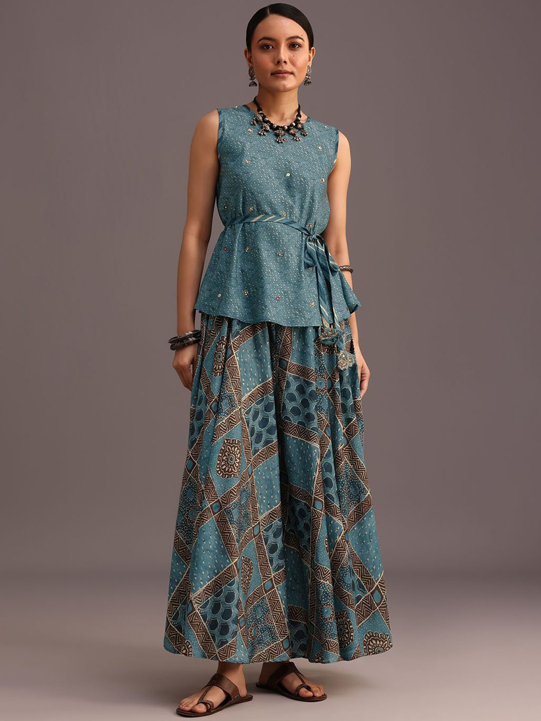 

KALKI Fashion Printed Round Neck Top & Palazzo Co-Ords, Blue