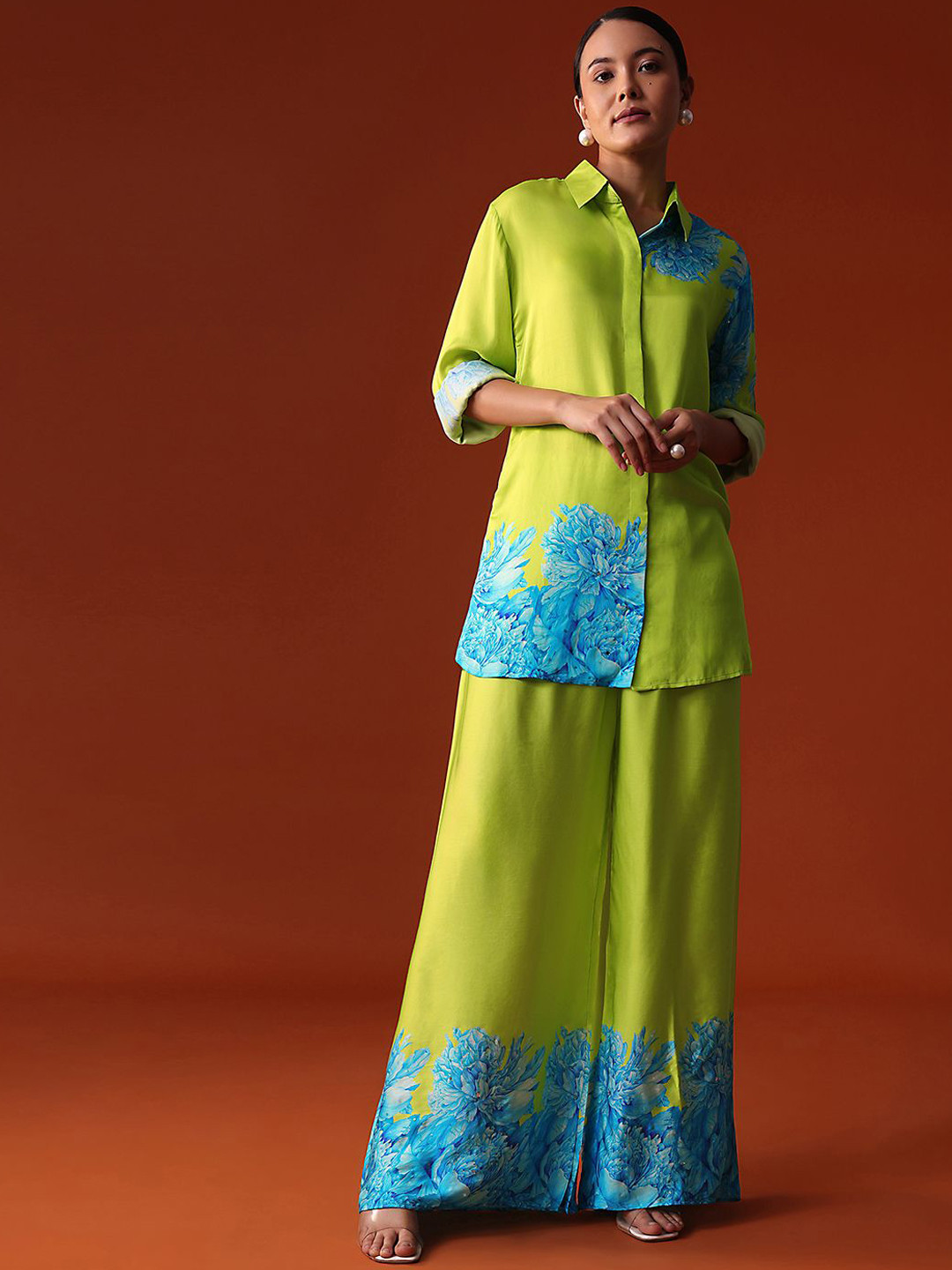

KALKI Fashion Floral Printed Shirt Collar Shirt And Palazzo, Green